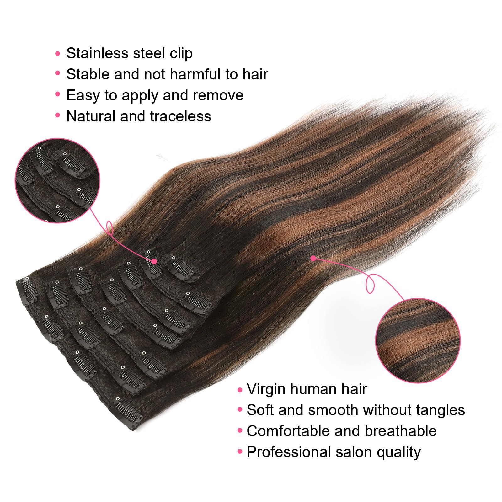 Abh Amazingbeauty Hair Yaki Straight Clip Ins Human Hair Rooted Black Piano Natural Black #1B Mixed With Light Auburn #30 Two To
