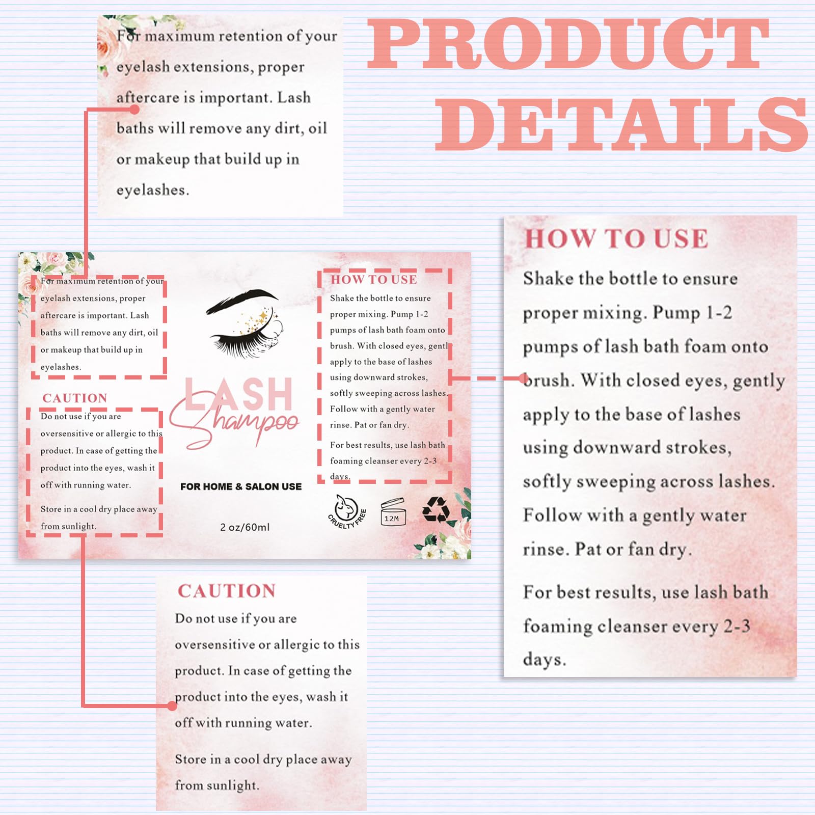 50Pcs Lash Shampoo Label Stickers For Bottle, Lash Extension Stickers For Foam Pump Bottle Lash Bath Wash Label Personalised Sti