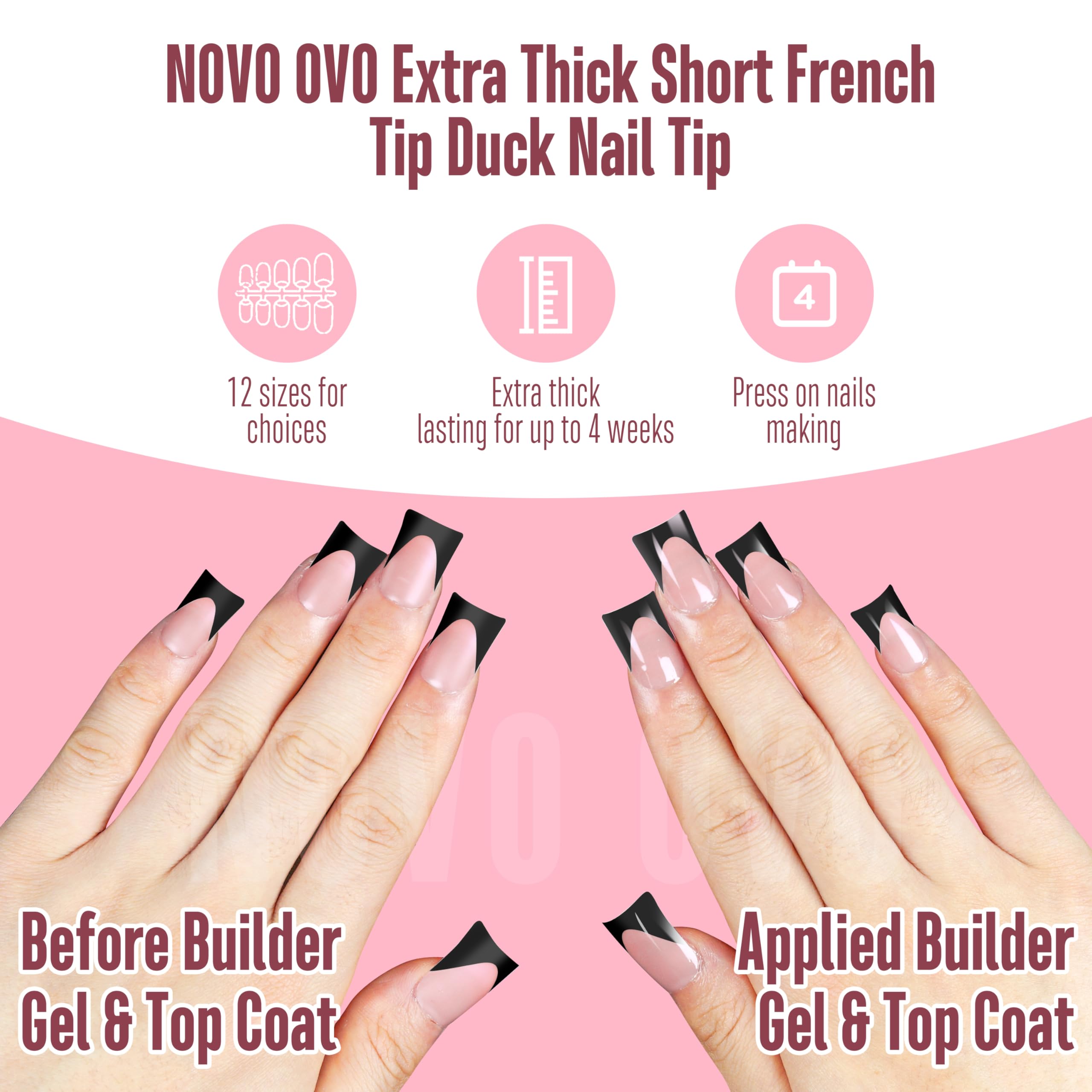 NOVO OVO Black French Tip Short Duck Nail Tips Press on, BABY PINK Pre-designed Soft Gel Nail Extension, Extra thick Full Cover
