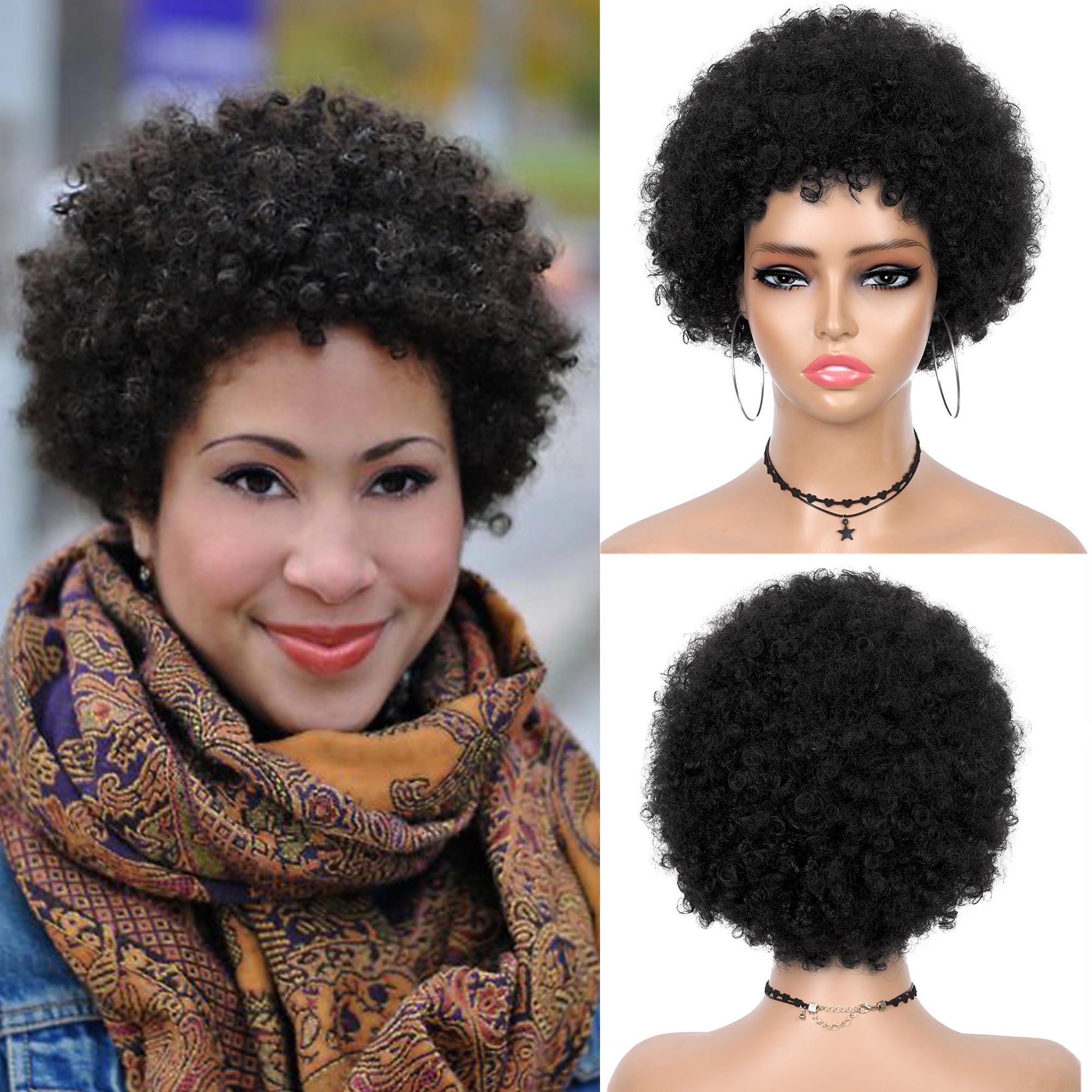 WIGER Short Human Hair Afro Kinky Curly Wigs for Black Women Pixie Cut Curly Wigs Black No Lace Curly Afro Hair African American