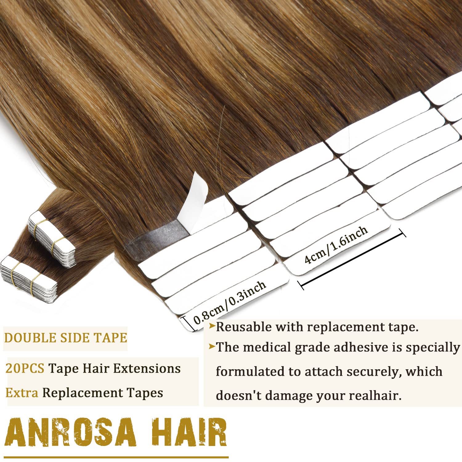 Anrosa 20Pcs 50G Tape In Hair Extensions Ombre Chocolate Brown To Caramel Blonde Remy Human Hair Extensions Balayage Seamless St