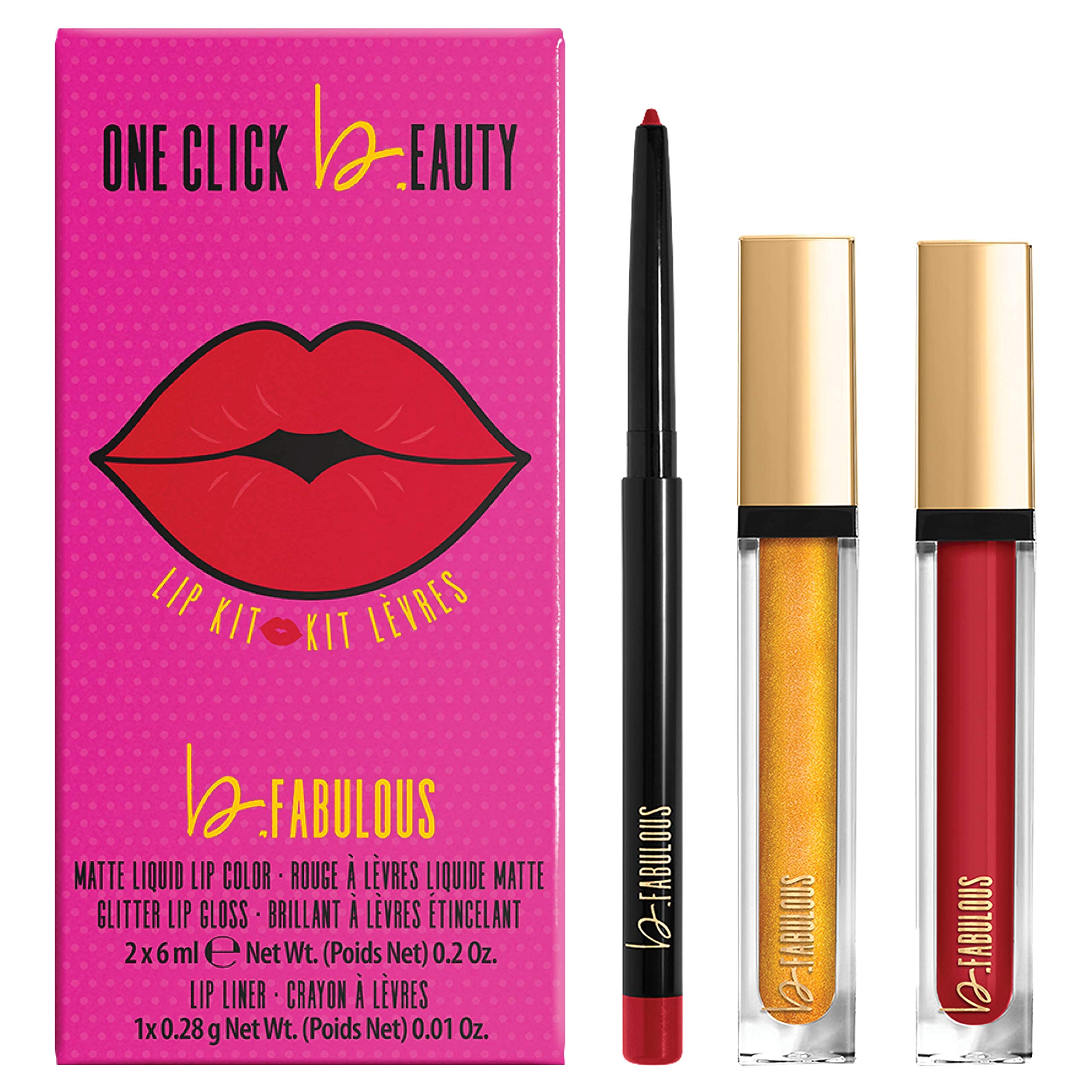 One Click Beauty B.Fabulous 3-Piece Lip Kit, Longwear Makeup, Smudge Proof Liquid Lipstick, Gloss, And Pencil, Matte Finish, The