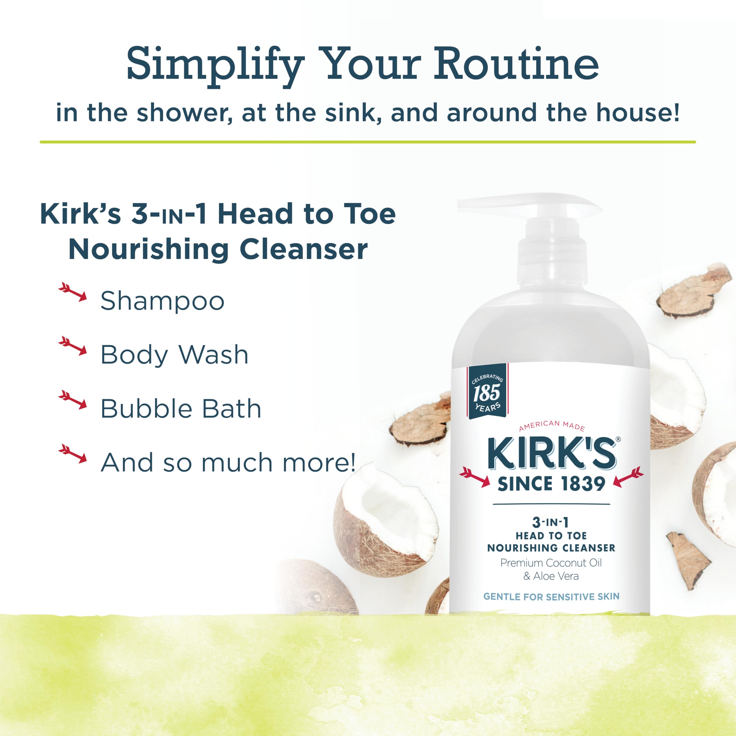 Kirks 3-In-1 Castile Liquid Soap Head-To-Toe Clean Shampoo, Face Soap & Body Wash For Men, Women & Children  Coconut Oil + Aloe