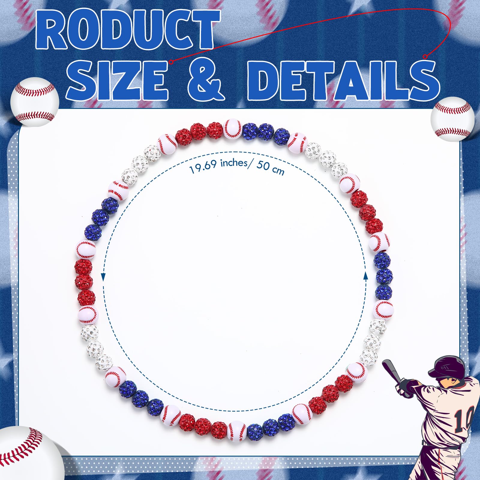 Liliaafar 6 Pcs Baseball Beaded Necklace for Teenager Bling Rhinestone Clay Beaded Necklace Gifts for Sports Team Fans(Mixed Col