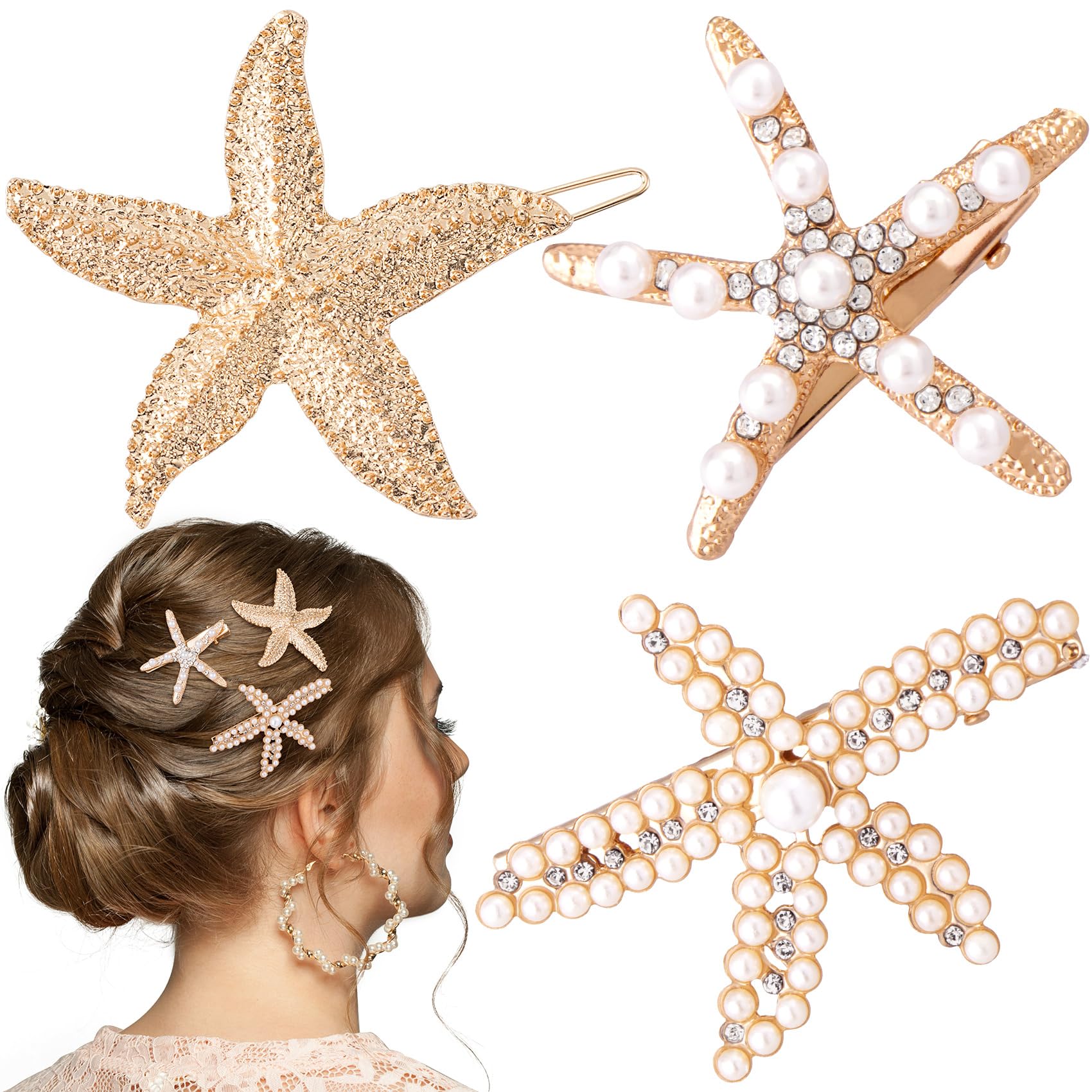 PAGOW 3 PCS Starfish Hair Clips, 3 Styles Gold Rhinestone Pearls Hair Clips, Faux Pearl Crystal Sea Star Wedding Headpiece Hair 