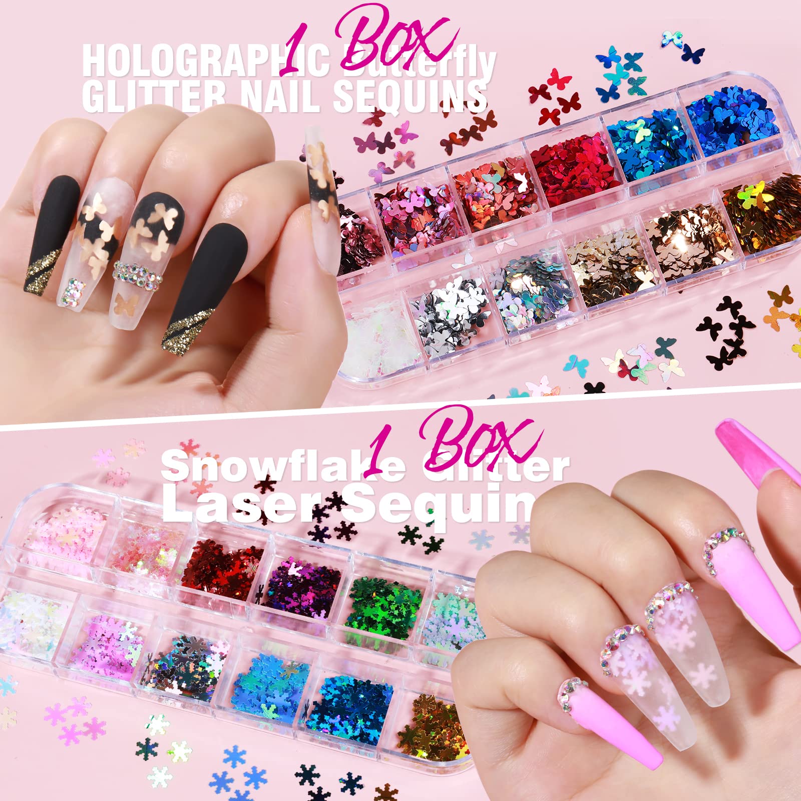 Teenitor Nail Stickers, 12 Sheets Nail Art Stickers 3D Self-Adhesive And 5 Boxes Butterfly Nail Sequins Heart Glitter Foil Flake