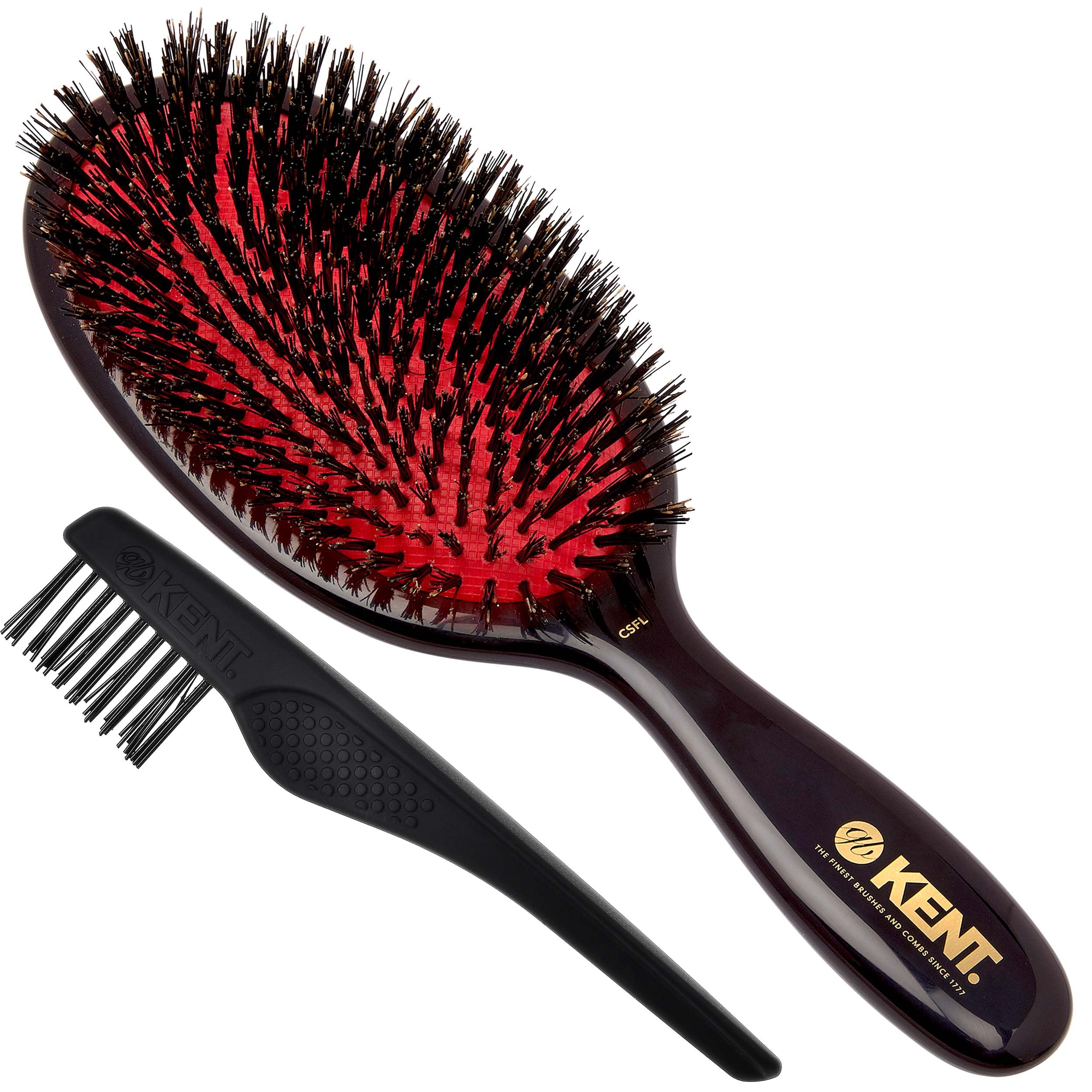 Kent CSFL Classic Shine Large Oval Cushion Straightening Brush and Hair Detangler - Natural Black Boar Bristle Hair Brush - Shin