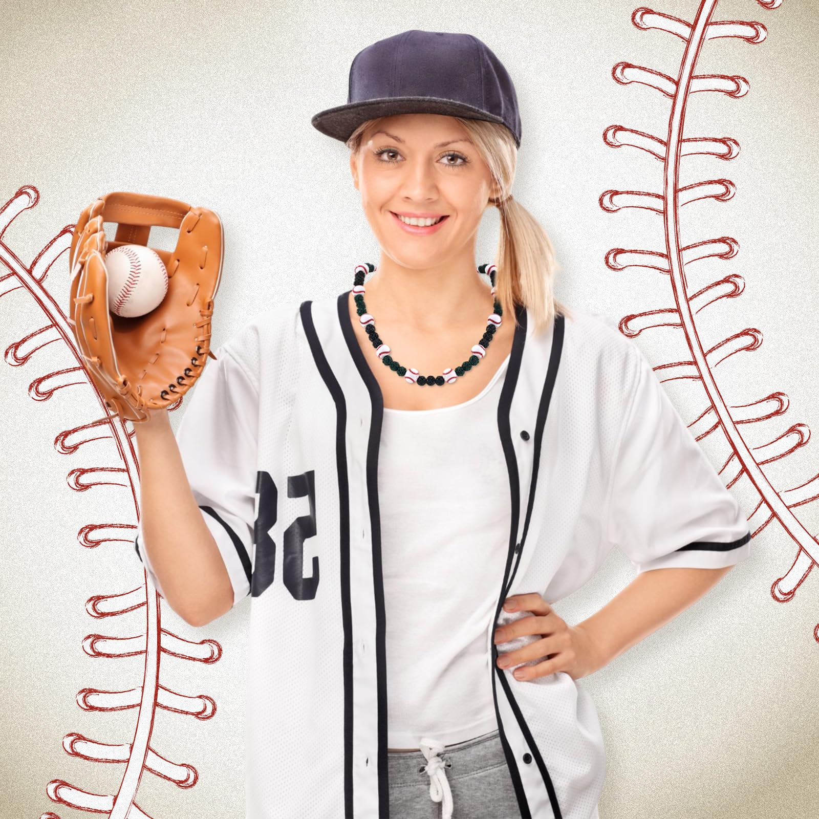Liliaafar 6 Pcs Baseball Beaded Necklace for Teenager Bling Rhinestone Clay Beaded Necklace Gifts for Sports Team Fans(Black, Da