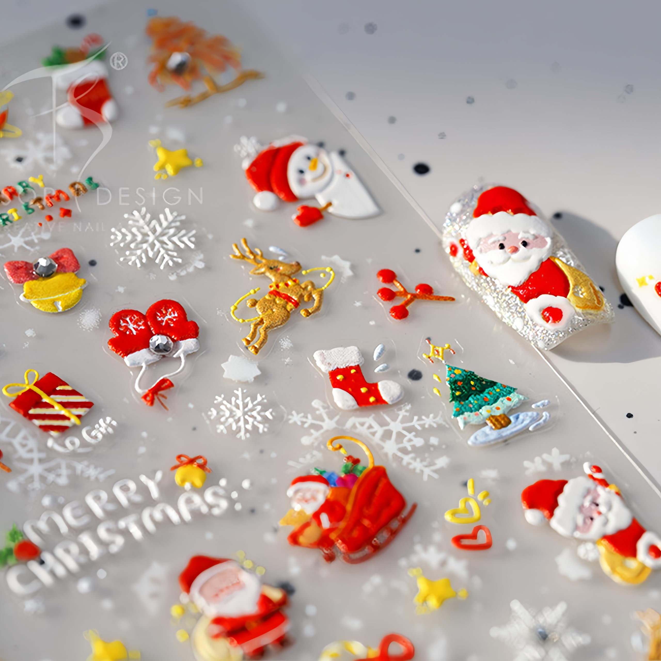 1Pcs Christmas Nail Art Stickers 5D Embossed Snowman Snowflakes Nail Stickers Santa Claus Christmas Tree Crystal Gloves Socks Na