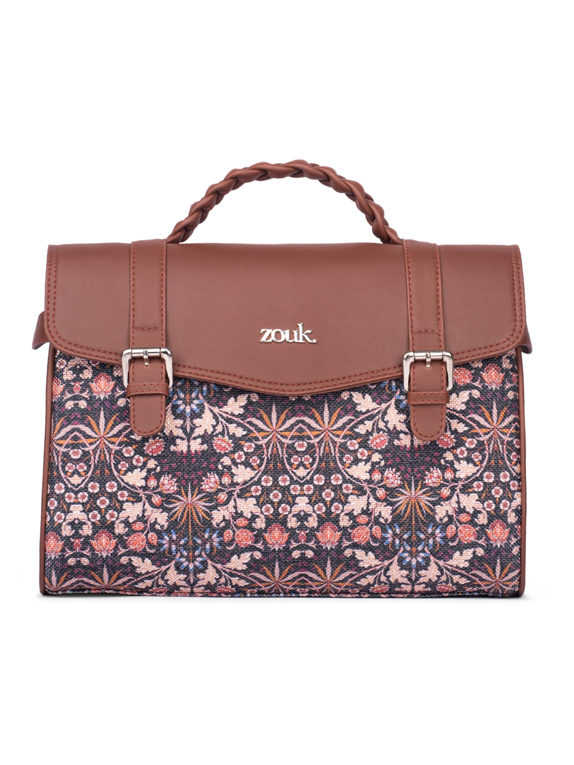 Zouk Konkona Heritage Satchel Bag  Kashmir Blooms | Jute | Vegan Leather Handcrafted With Detachable Sling Strap| Multicolor