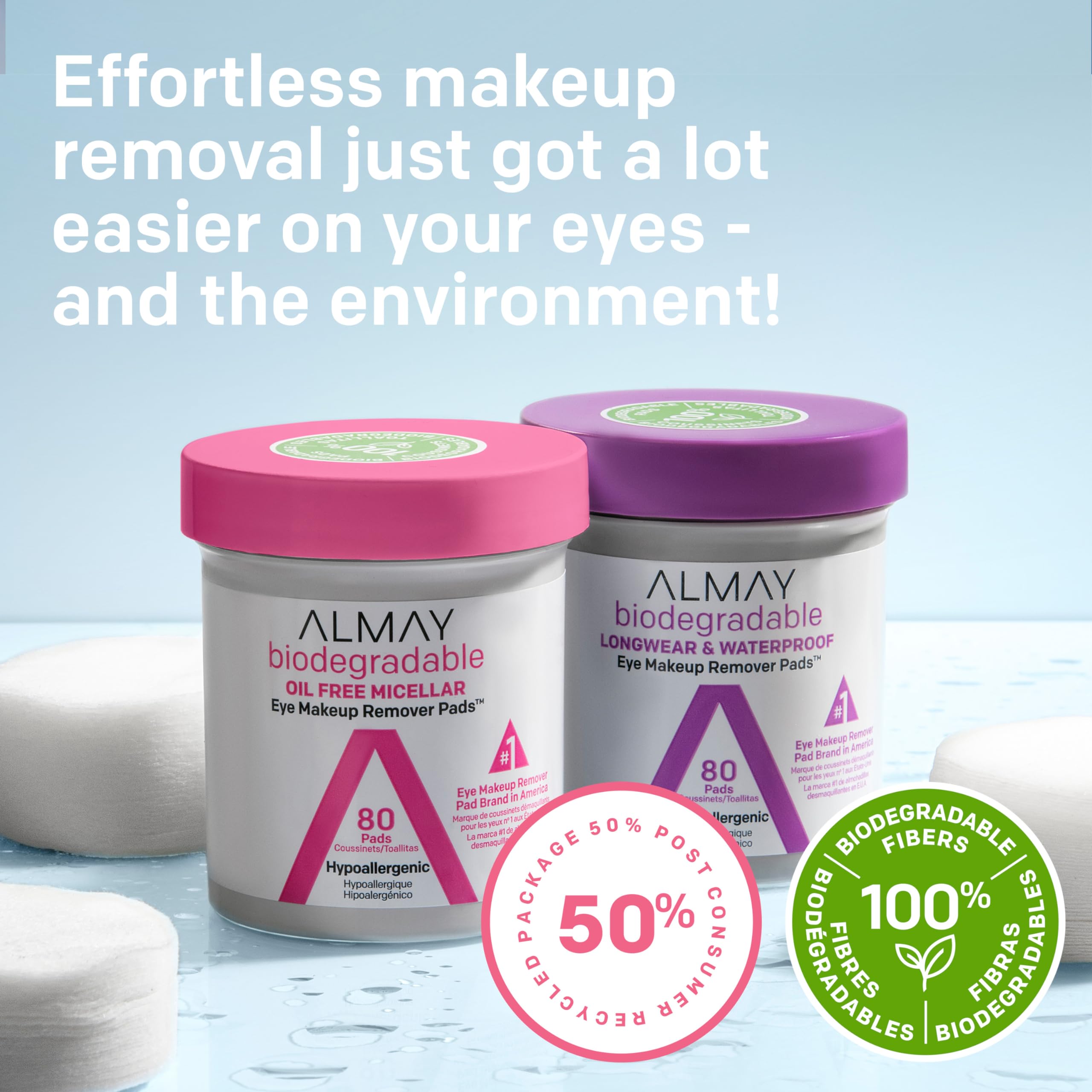 Almay Biodegradable Makeup Remover Pads, Longwear & Waterproof, Hypoallergenic, Fragrance-Free, Dermatologist & Ophthalmologist