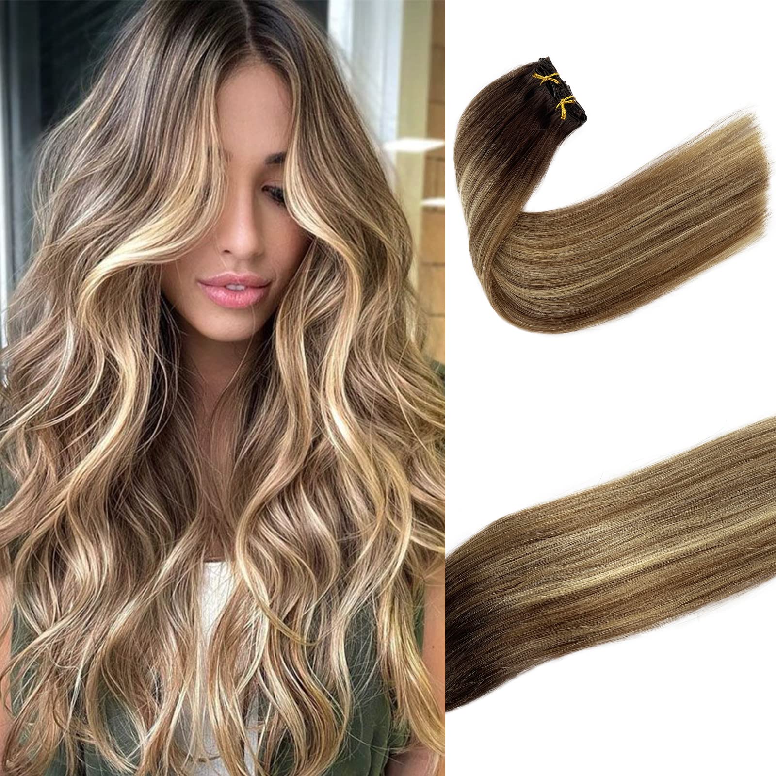 Real Hair Extensions Clip in Human Hair 20inc Brazilian Remy Human Hair Bayalage Omber Walnut Brown to Ash Brown with Bleach Blo
