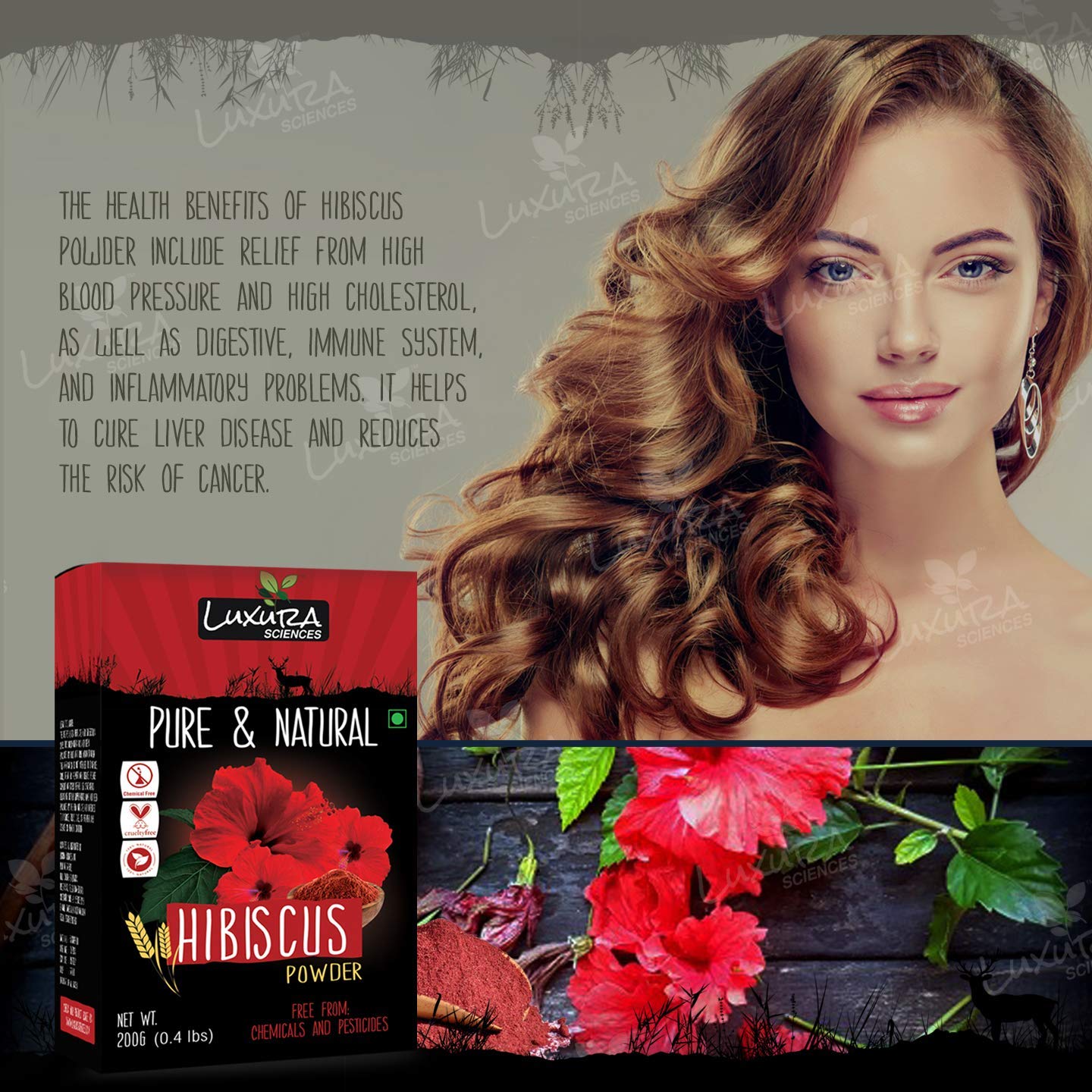 Luxura Sciences Organic Hibiscus Powder for Healthy Hair Growth & Loss Control | Gives Thicker Eyebrows & Healthy Skin | Natural