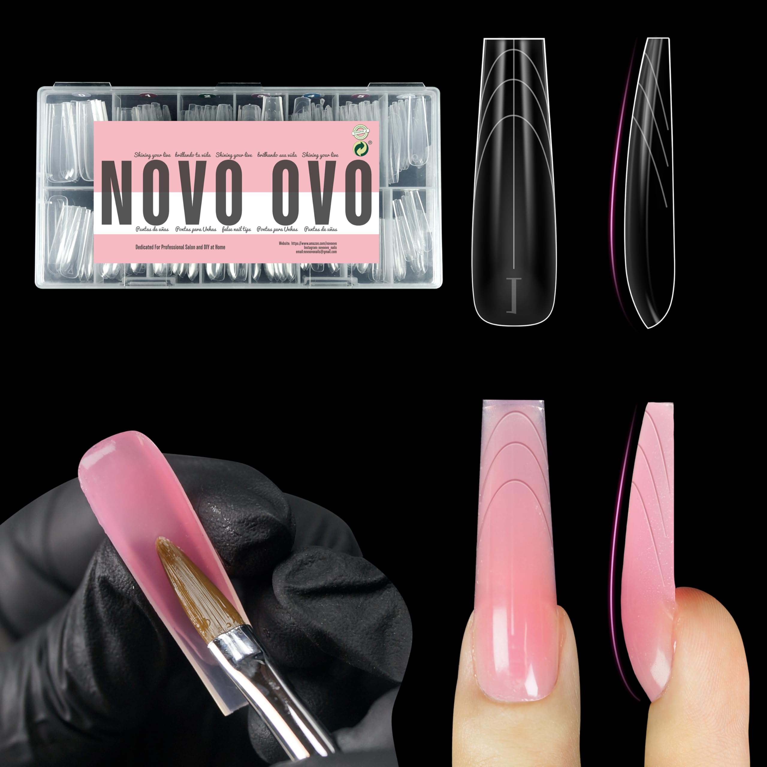NOVO OVO Tapered Square (Sculpted) Nail Dual Forms for Poly Gel Extension with Guiding Line Inside, XL XXL Reusable Full Cover A