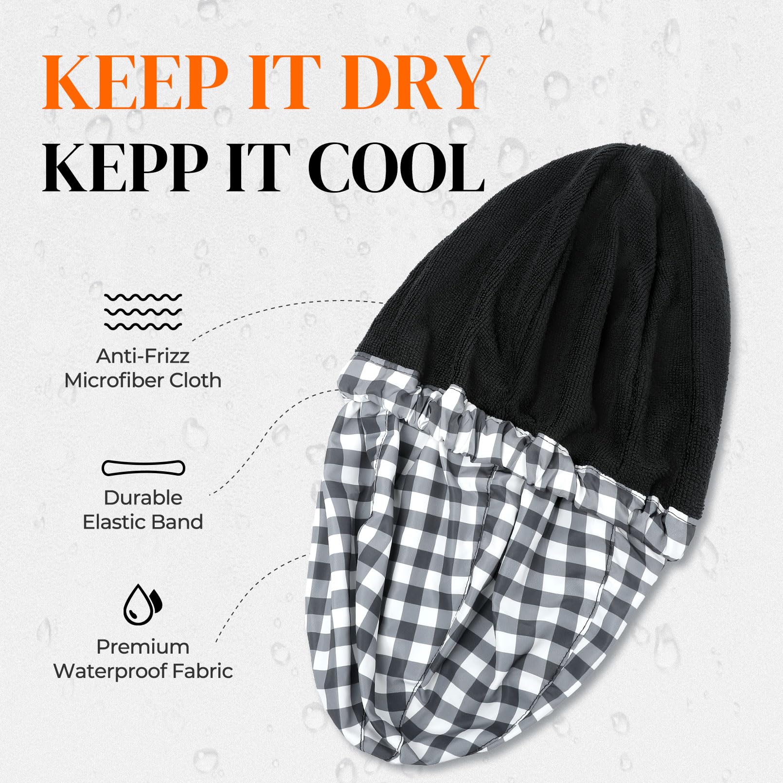 Shower Cap For Men Black White Plaid Bath Cap, Reversible Large Waterproof Adjustable Shower Caps Terry Lining & Elastic Band St