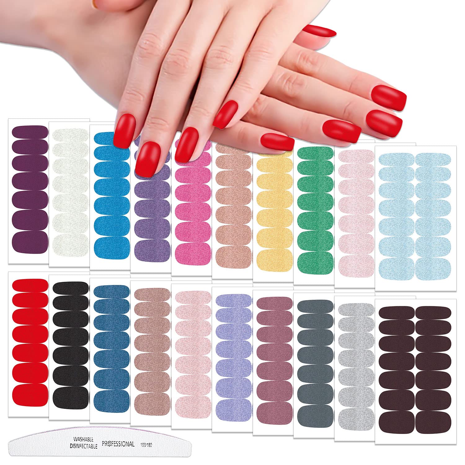WOKOTO 20 Sheets Glitter Solid Nail Stickers Full Nail Wraps Glitter Powder Design Nail Polish Stickers Solid Nail Wraps for Wom