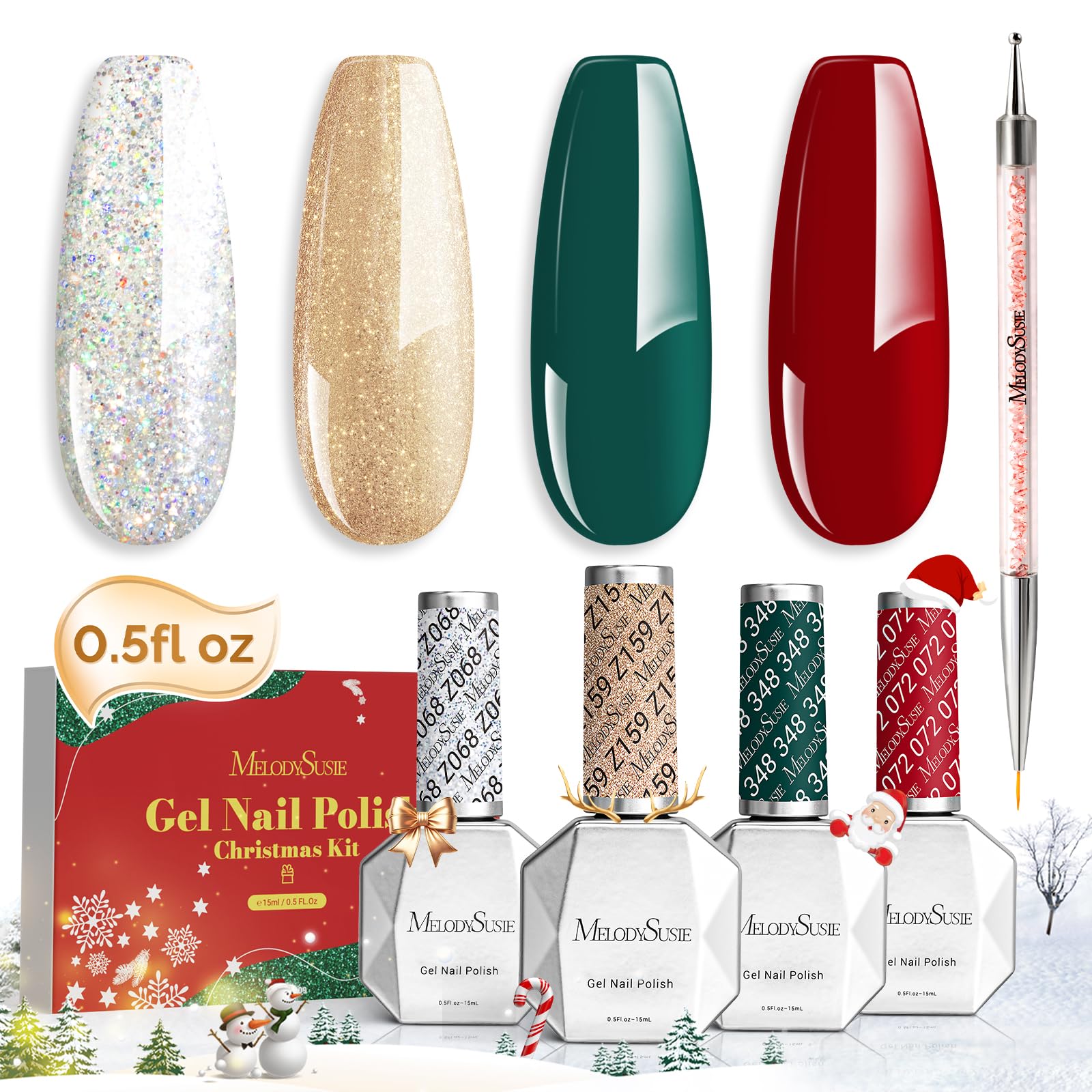 MelodySusie 15ML Christmas Gel Nail Polish Set: Christmas 4 Colors Green and Red Gel Polish Nails Soak Off UV LED Gold Silver Ge