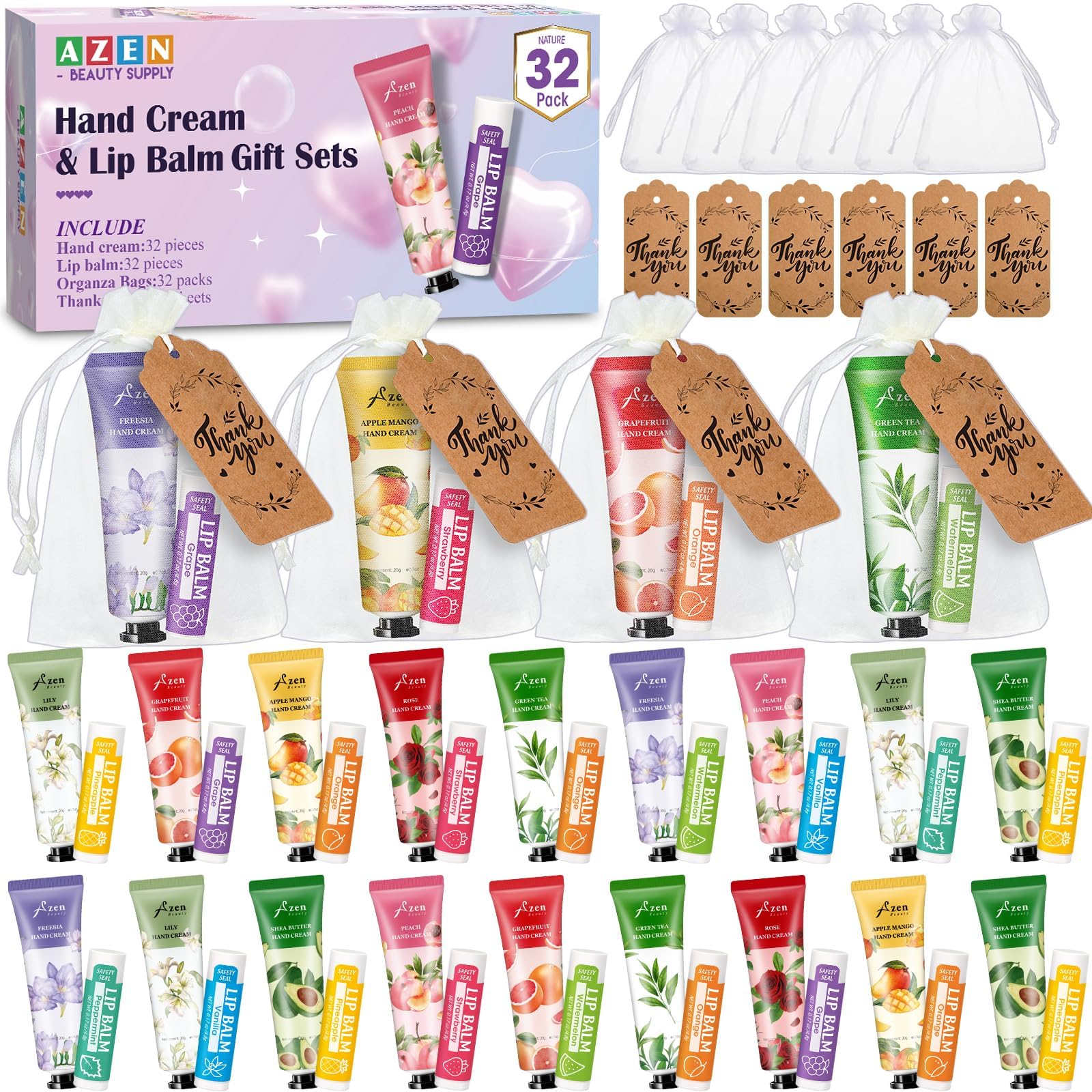 AZEN 32 Sets Bulk Gifts, Hand Cream and Lip Balm Bulk Set with Organza Bag Thank You Card, Baby Shower Wedding Gifts for Guests,