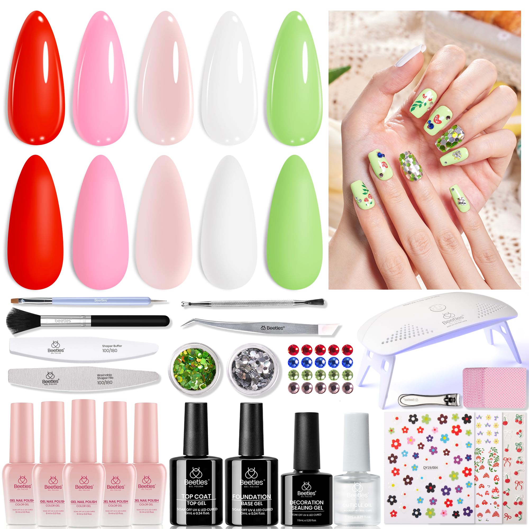 Beetles Diy Gel Nail Polish Kit With Uv Nail Lamp - 28 Pcs Gel Nail Polish Set All in One Kit Pink Green White Color Gel Base & 