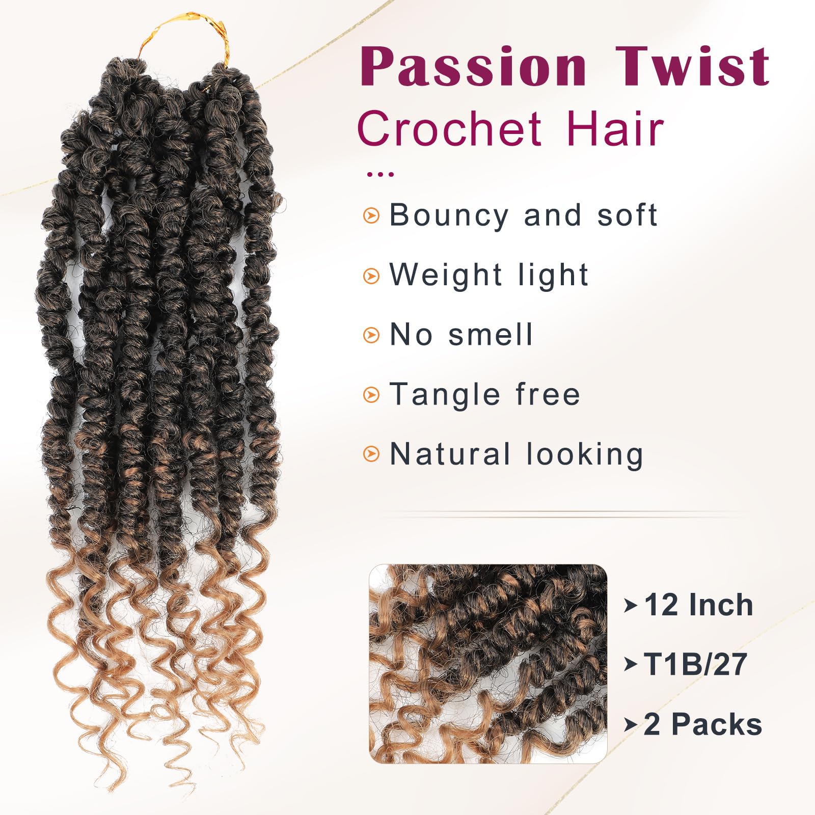 Passion Twist Crochet Hair,Passion Twist Hair 12 Inch,2 Packs Pretwisted Passion Twist Hair,Short Passion Twist Crochet Braids,P