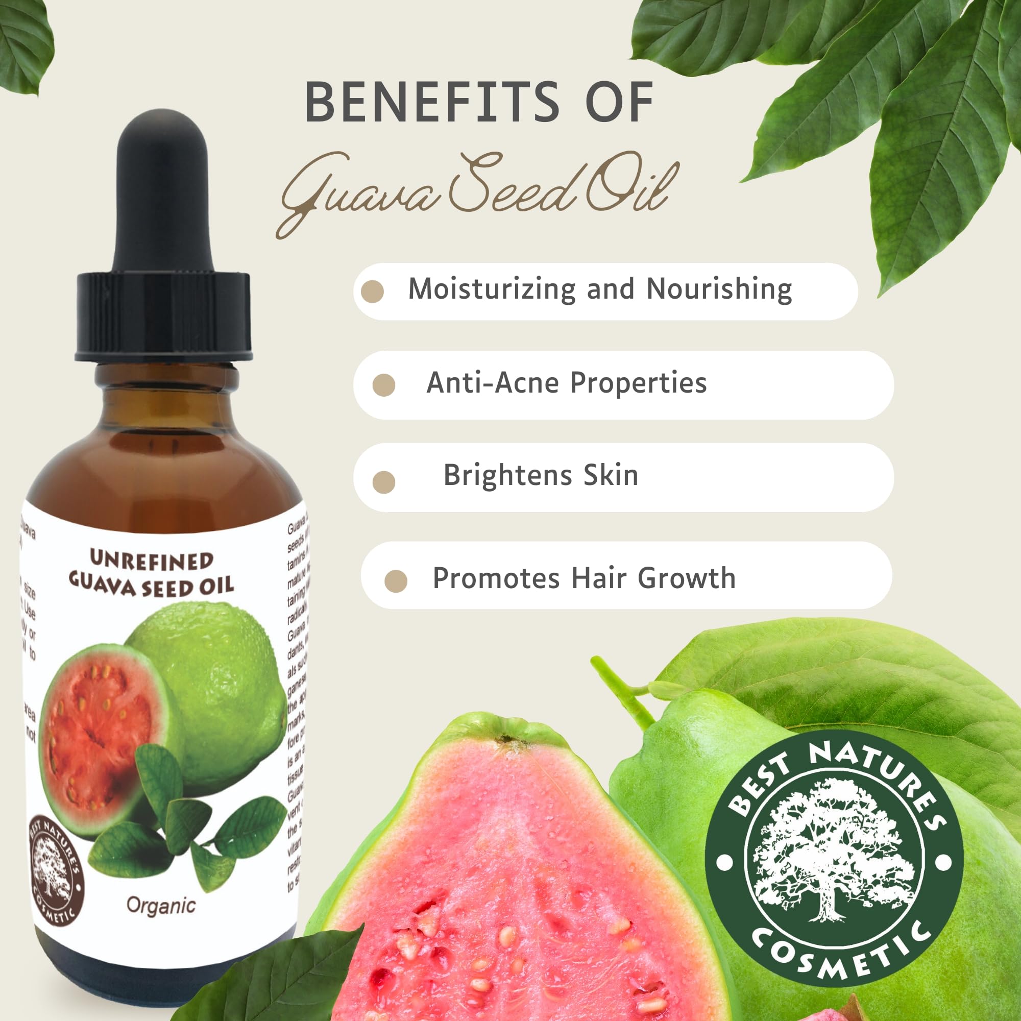 Organic Guava Seed Oil cold pressed for Skin & Hair - Vitamin C Rich, Antioxidant-Rich Hydrating Oil for Glowing Skin & Frizz-Fr