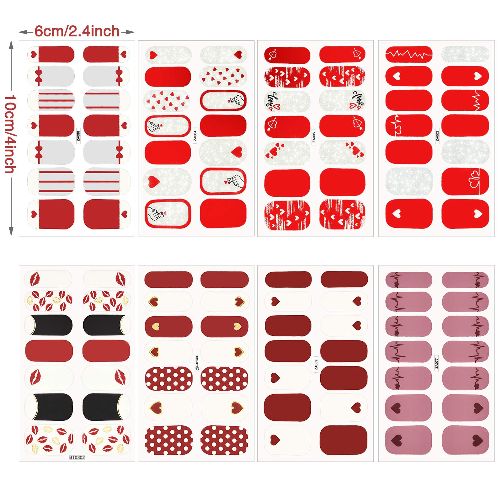 Maitys 112Pcs 8 Sheets Valentine Nail Art Stickers Full Wraps Heart Nail Wraps Self-Adhesive Lips Decals Polish Sticker Strips A