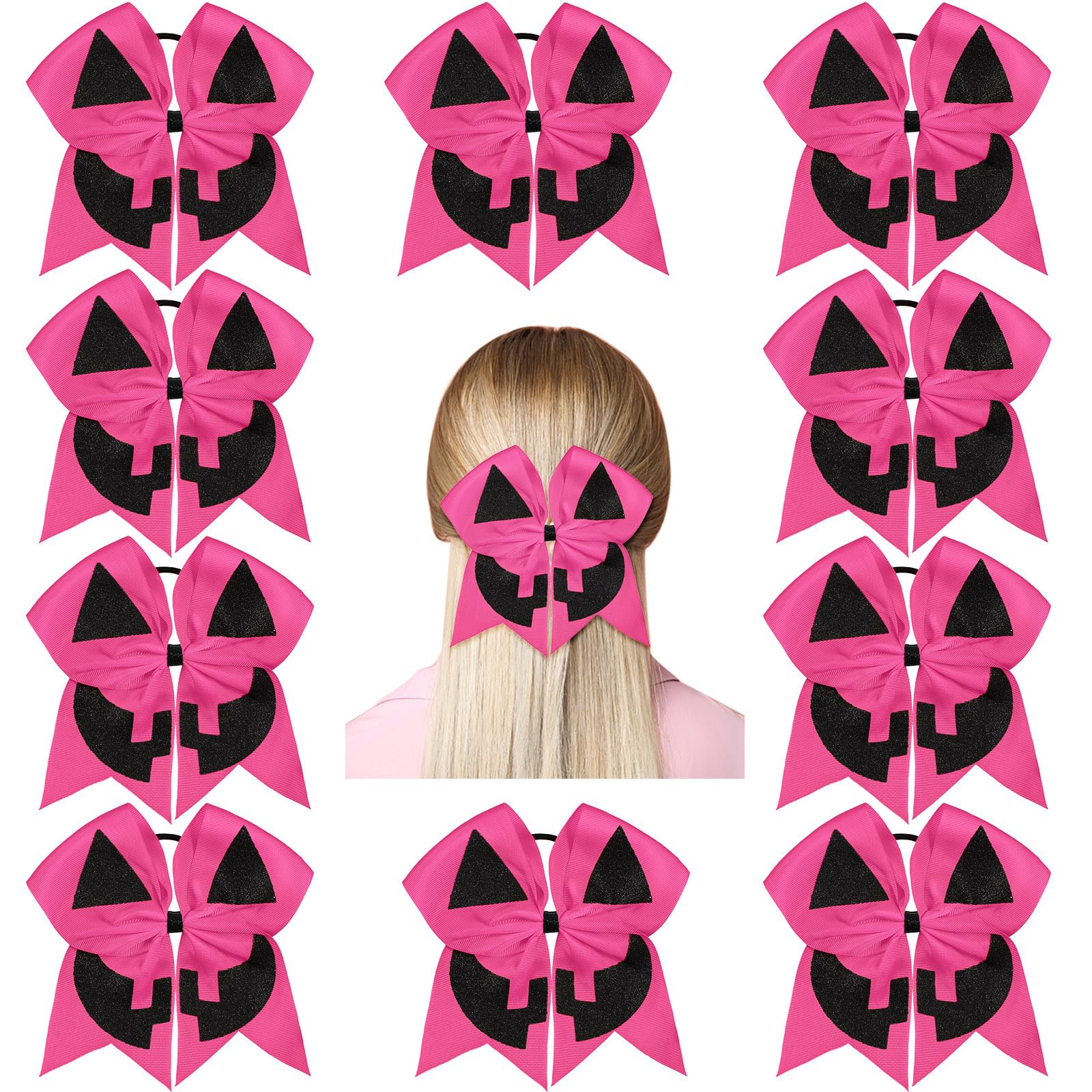 Hotop 10 Pcs Halloween Jumbo Cheerleading Bow 8 Inch Cheer Hair Bows Cheerleader Hair Bows with Ponytail Holder Halloween Hair T