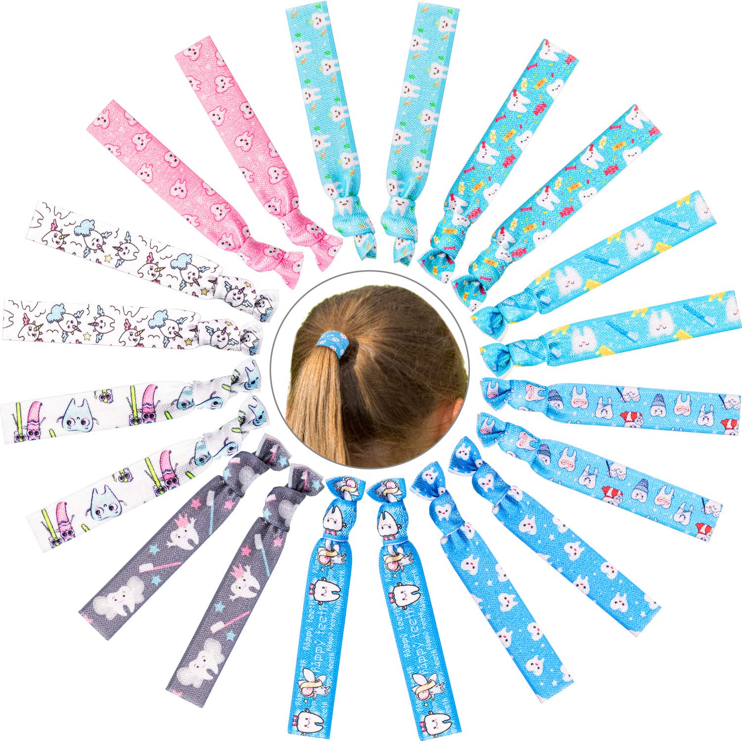 BBTO 20 Pieces Tooth Patterned Hair Ties Dental Hair Accessories Elastic Ribbon Ponytail Holders No Crease Hair Bands for Women