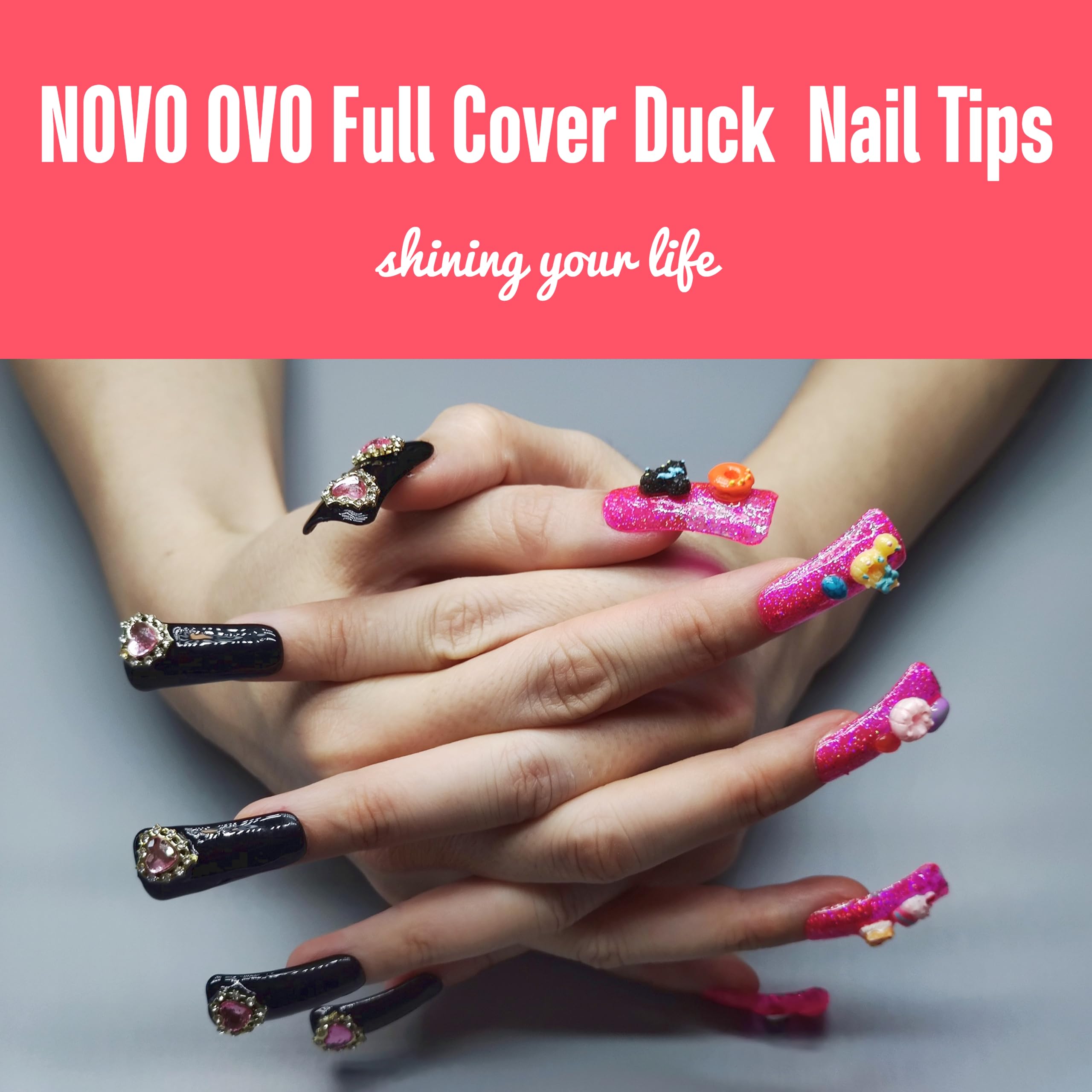 NOVO OVO 120 pcs Full Cover Duck Feet Nail Tips Press On for Acrylic, Clear Medium/Long Coverage Flare Y2K Vibe Wide French Soft