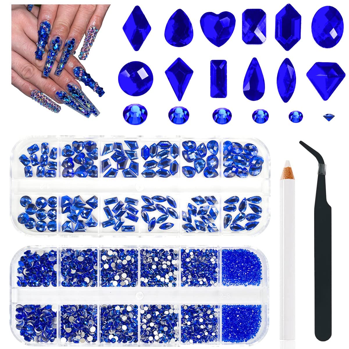 2630Pcs Blue Nail Rhinestones Flatback Royal Blue Sapphire Round Beads glass gems Stones Nail Art gems Diamonds jewels Multi Sha
