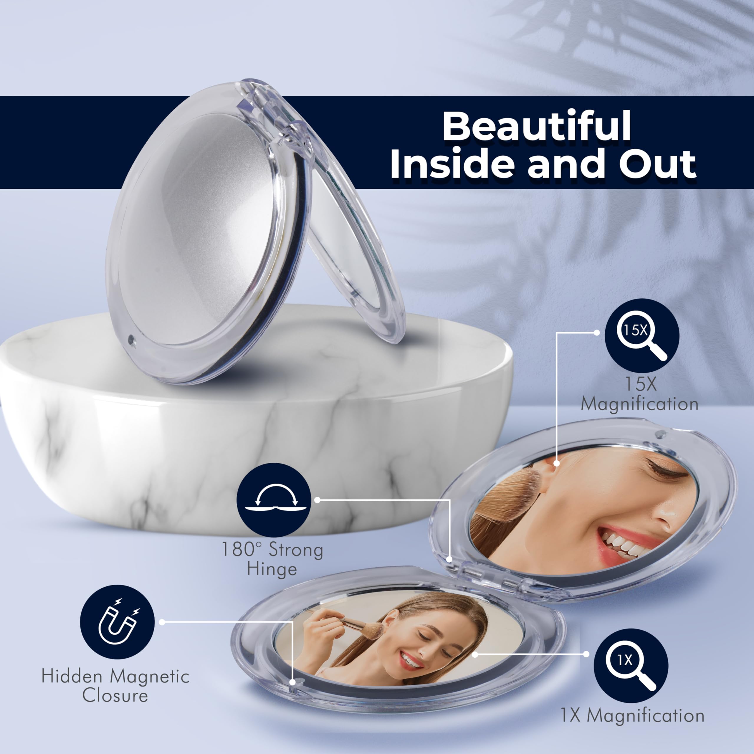 Mirrorvana Small Compact 15X Magnifying Mirror For Travel - Handheld, Foldable & Very Lightweight - Mini Pocket-Sized Magnified