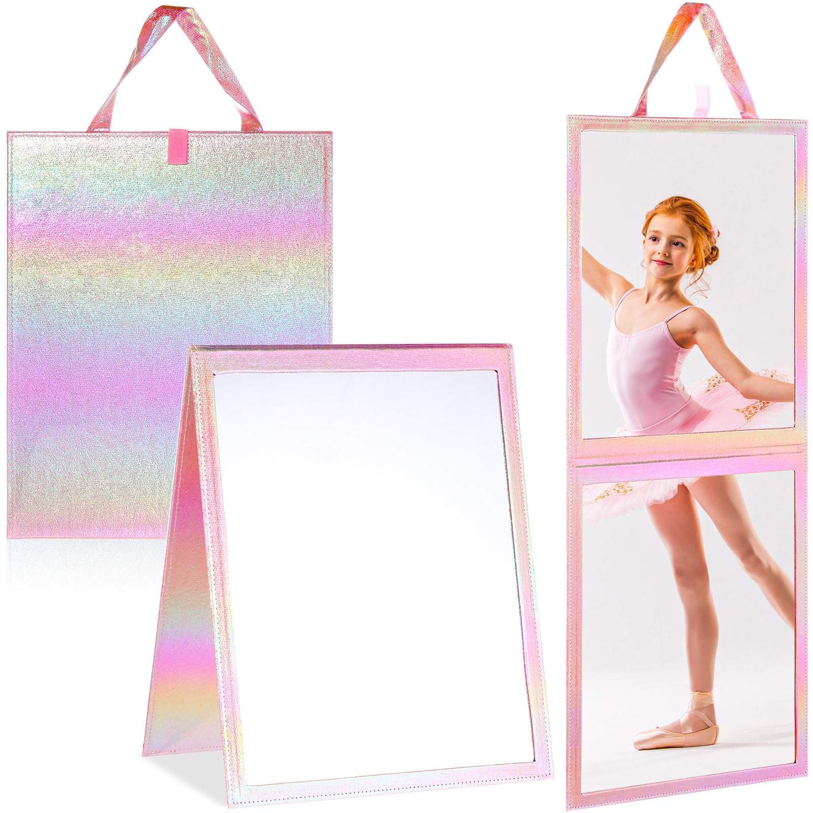 Chunful Foldable Backstage Mirror with Handle Holographic 33.5 X 13.4 Inch Folding Hanging Mirror Rectangular for Travel Dance B