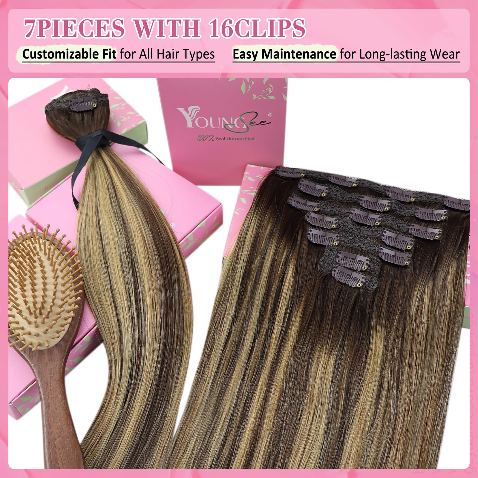 YoungSee 150g Balayage Clip in Hair Extensions Human Hair Balayage Chocolate Brown Mix Caramel Blonde Balayage Hair Extensions B