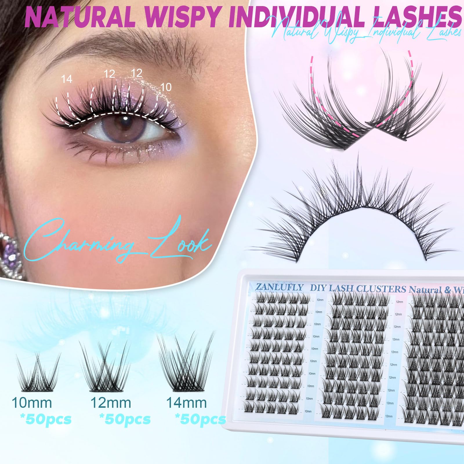 zanlufly Lash Clusters - Wispy C-Curly Individual Eyelash Extensions, 150 Pcs, 10-14MM, Black, Synthetic Fibers