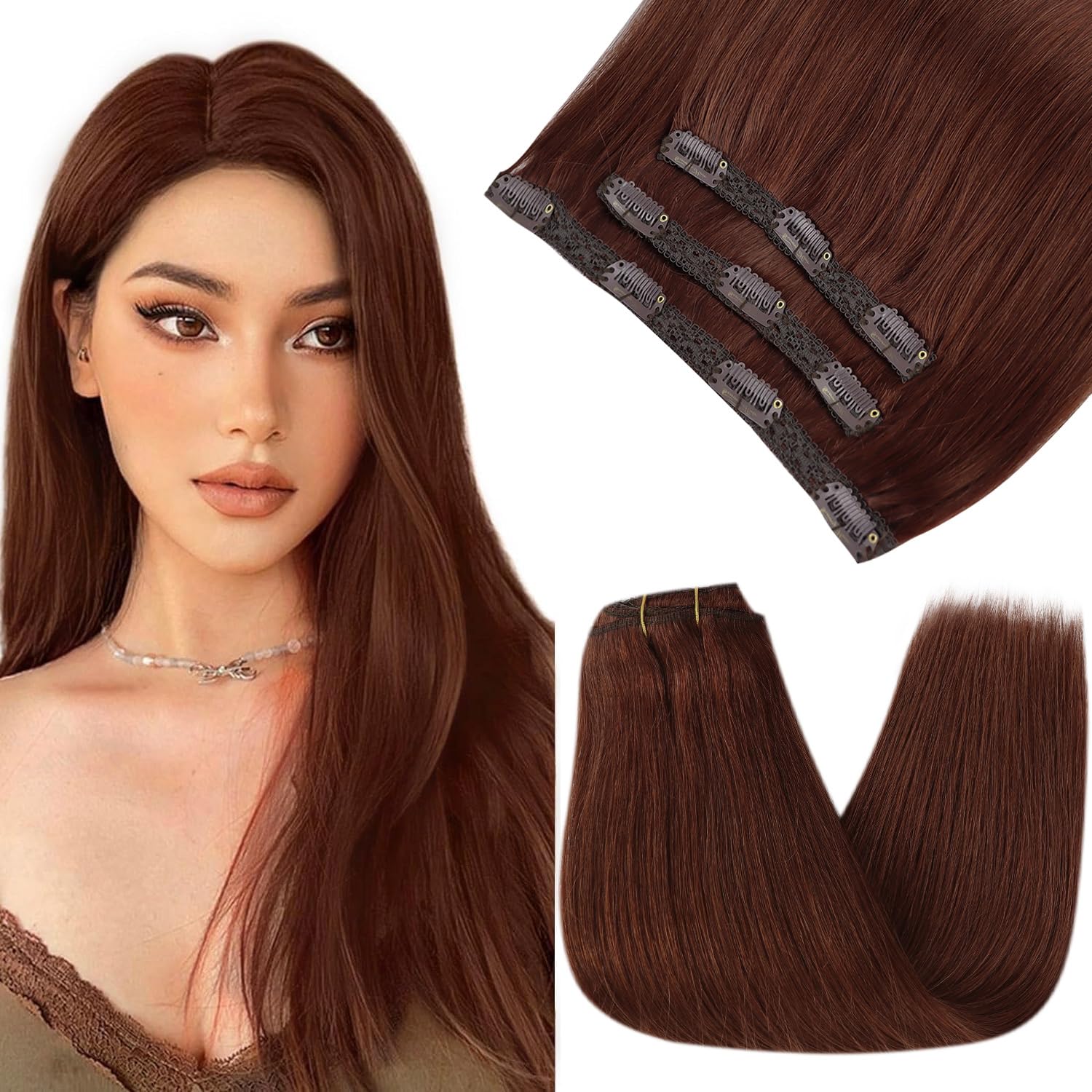 Sunny Auburn Hair Extensions Clip ins 3 Pieces Invisible Clip in Hair Extensions Human Hair Auburn Brown Clip in Extensions Colo