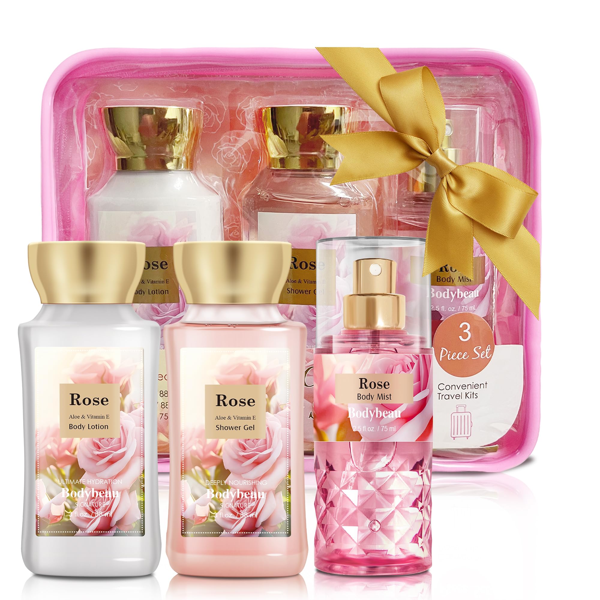 Bath And Body Gift Set For Women & Girls, Rose 3Pcs Set For - Shower Gel, Body Lotion, Body Mist, Personal Portable Body Care Tr
