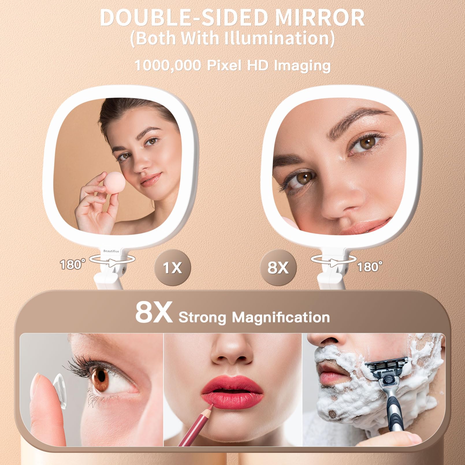 Beautifive Makeup Mirror With Lights And Magnification, 1X/8X Travel Lighted Makeup Mirror, Lighted Folding Travel Mirror With A