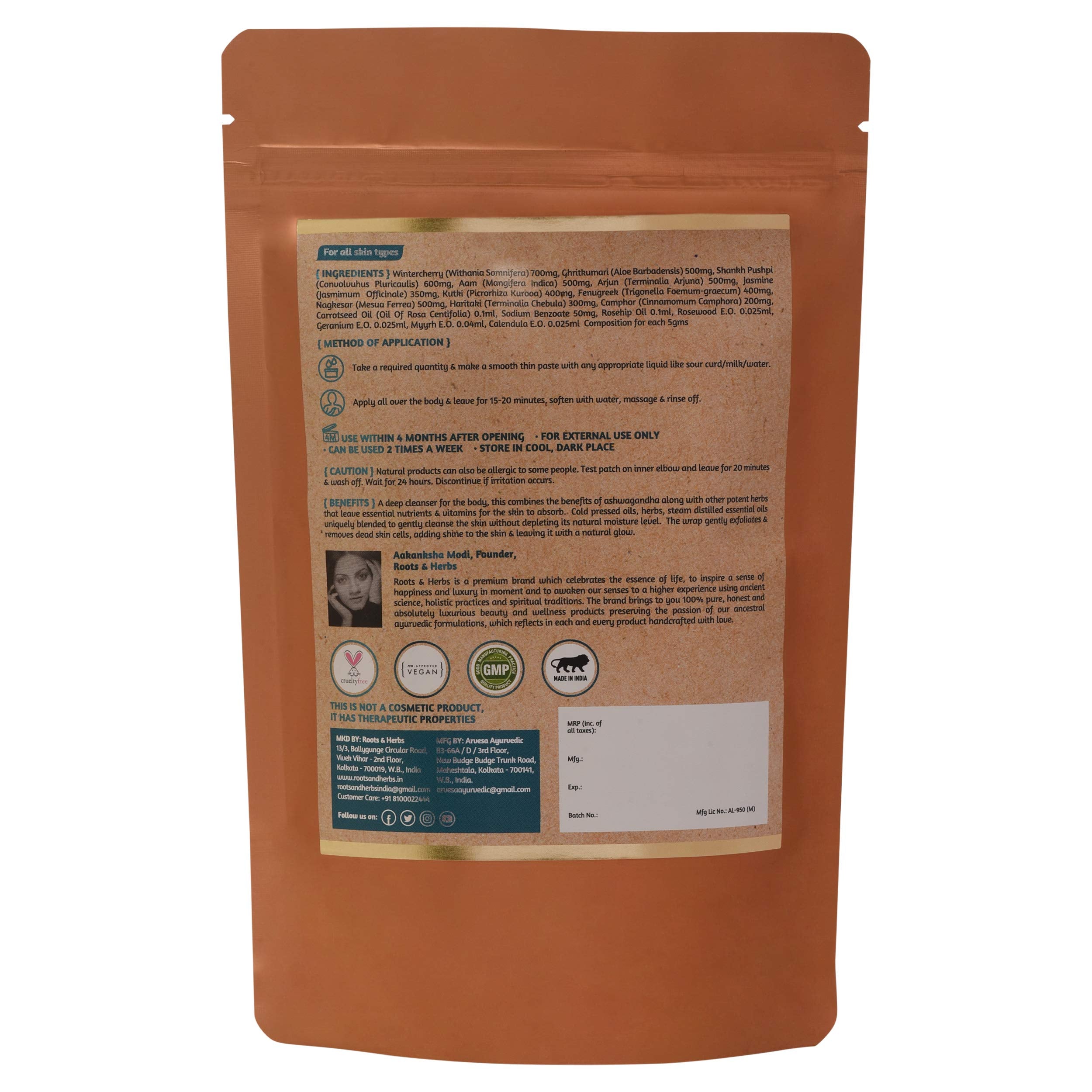ROOTS AND HERBS Ayurvedic Body Wrap Vegan Paraben Free No SLS Wintercherry Shower Powder for Women & Men Body Odour, Athletes Fo
