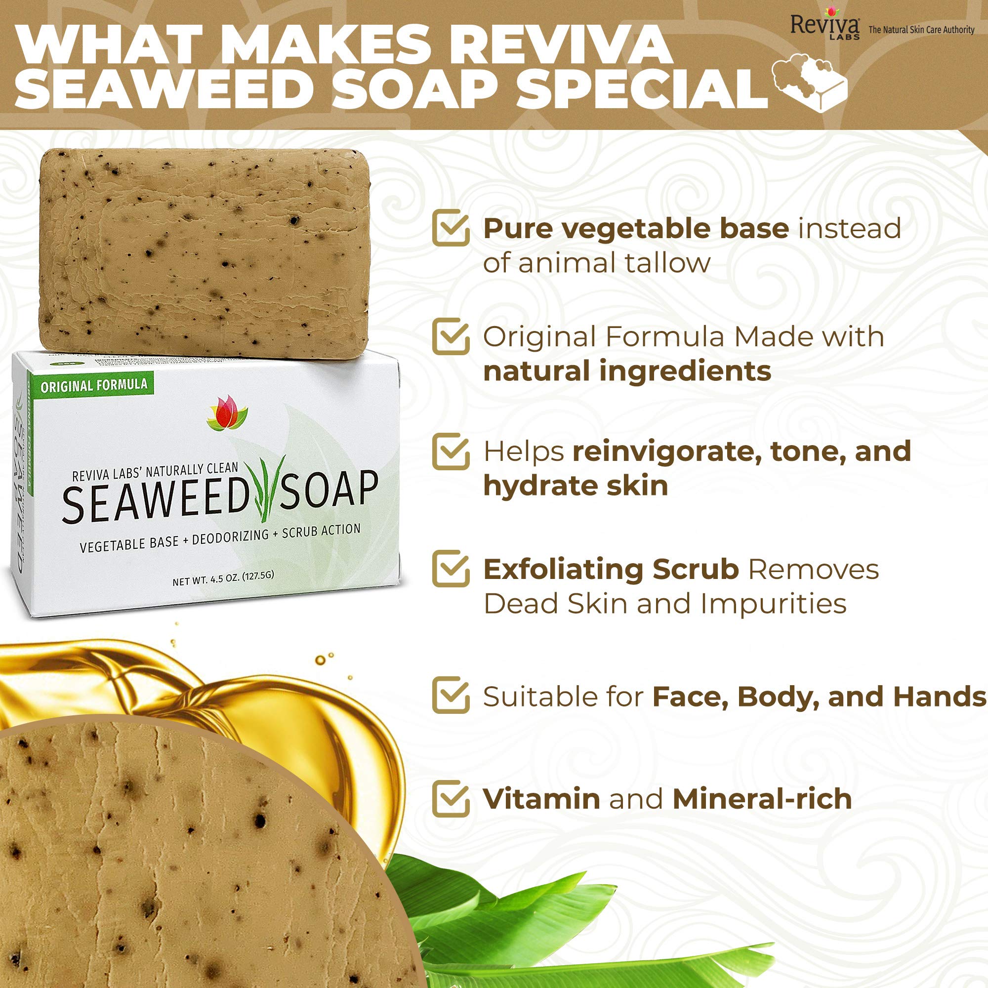 Reviva Labs Seaweed Soap - Organic Exfoliating Bar - 12 Pack - 4.5 oz - Natural Detox Soap Made in USA