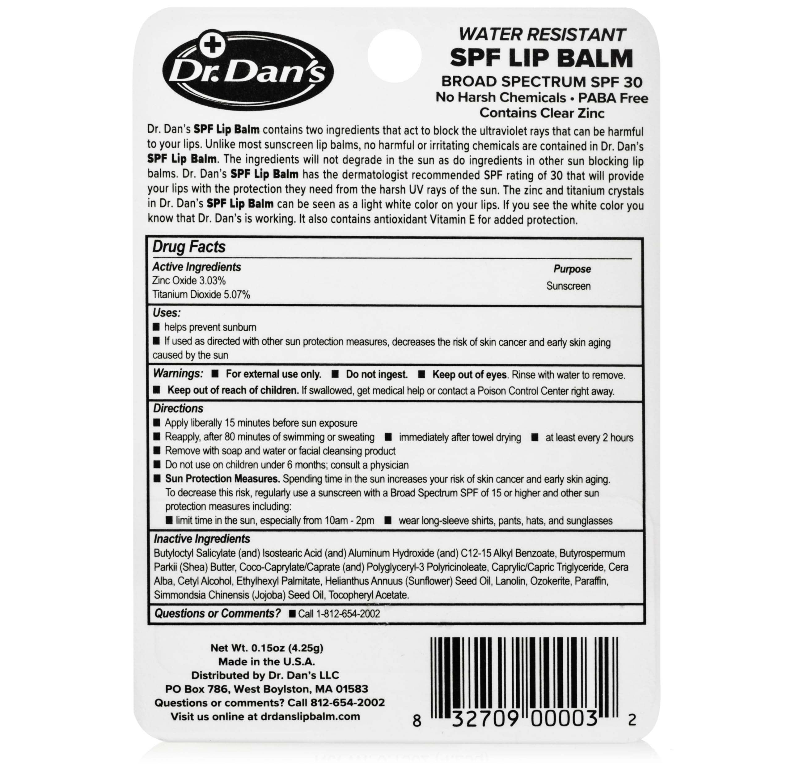 Dr. Dan's Mineral Based SPF 30 Lip Balm -1 Pack