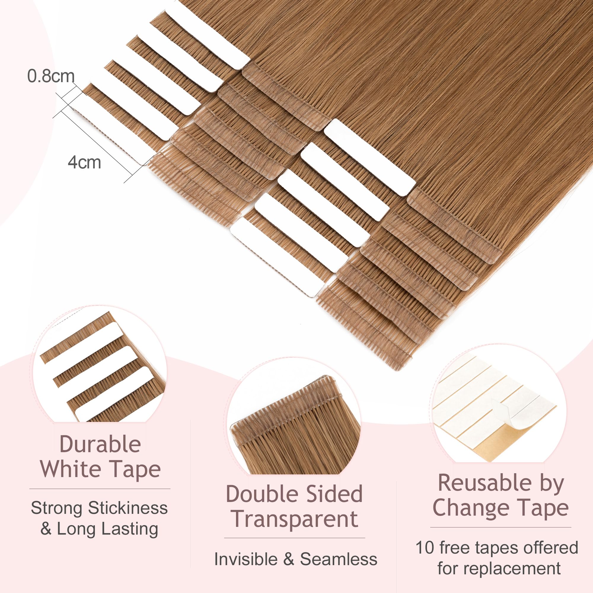 SEGO Tape In Hair Extensions Human Hair Light Brown 18 Inch New Upgrade Pro Remy Hair Longer Lifespan Double Weft Invisible Tape