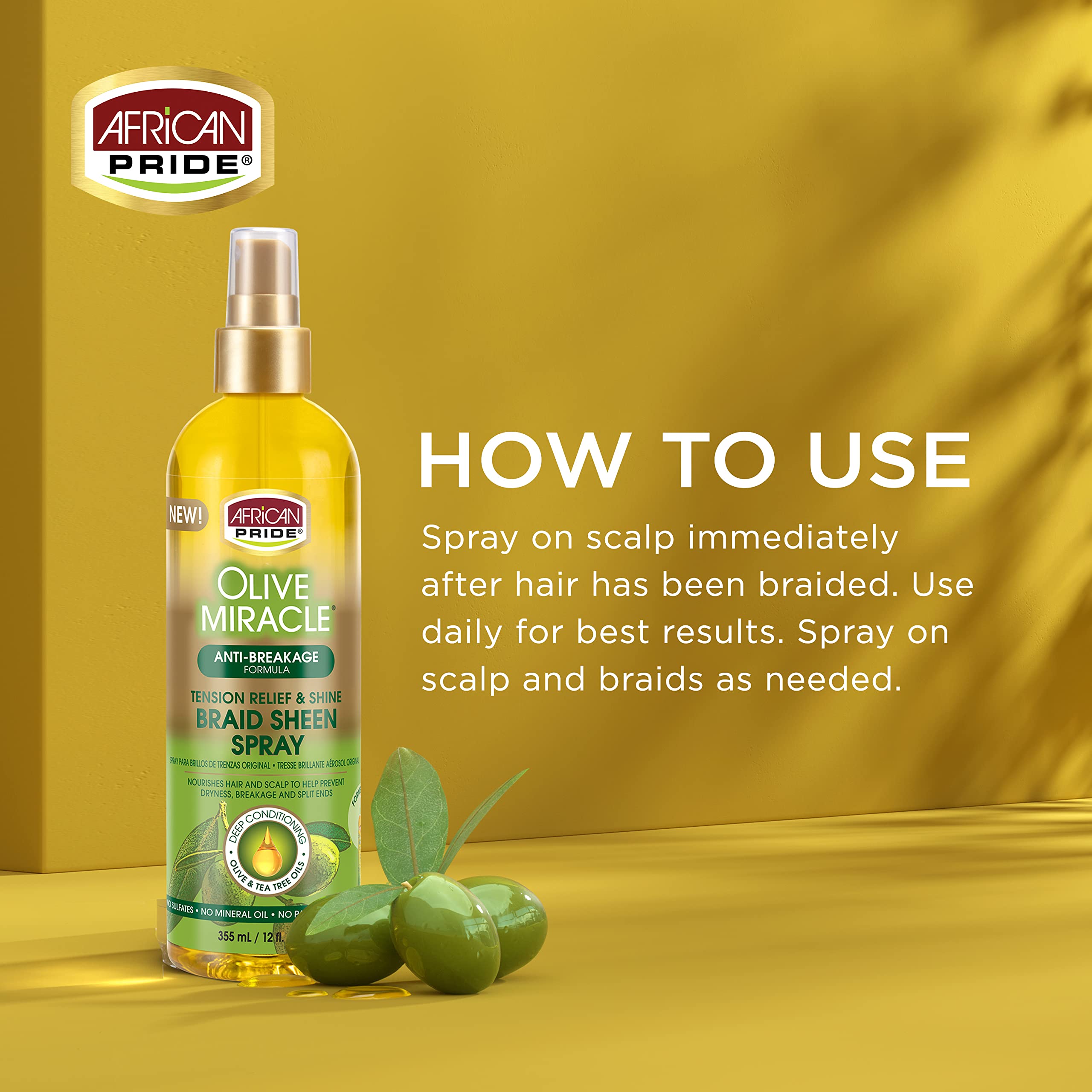 African Pride Olive Miracle Braid Sheen Spray (3 Pack) with tea tree oil and olive oil to protect and moisturize scalp and hair.