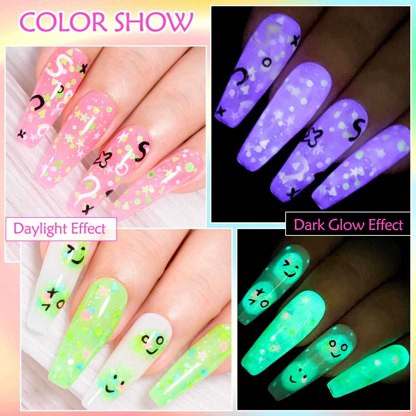 Meet Across 6 Colors Candy Luminous Gel Nail Polish Set, Glow In Dark Nail Gel Polish With Nail Brush, Cute Luminous Gel Nail Po