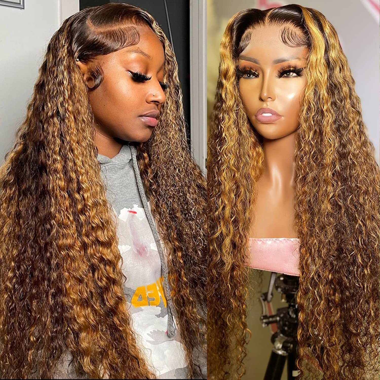Juvid 13X6 Highlight Deep Wave Lace Front Wig Ombre Honey Blonde 13x6 Curly HD Lace Frontal Wig for Women 180% Density Glueless 