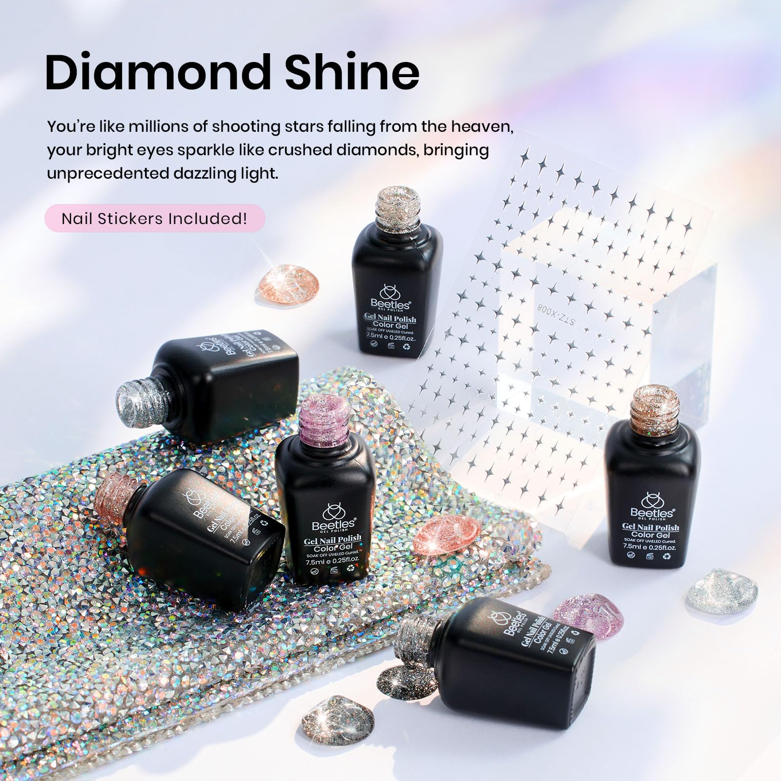 Beetles Reflective Glitter Gel Polish 6 Colors Sparkle Gel Nail Polish Set Diamond Shine Silver Black Gold Holographic Glitter G