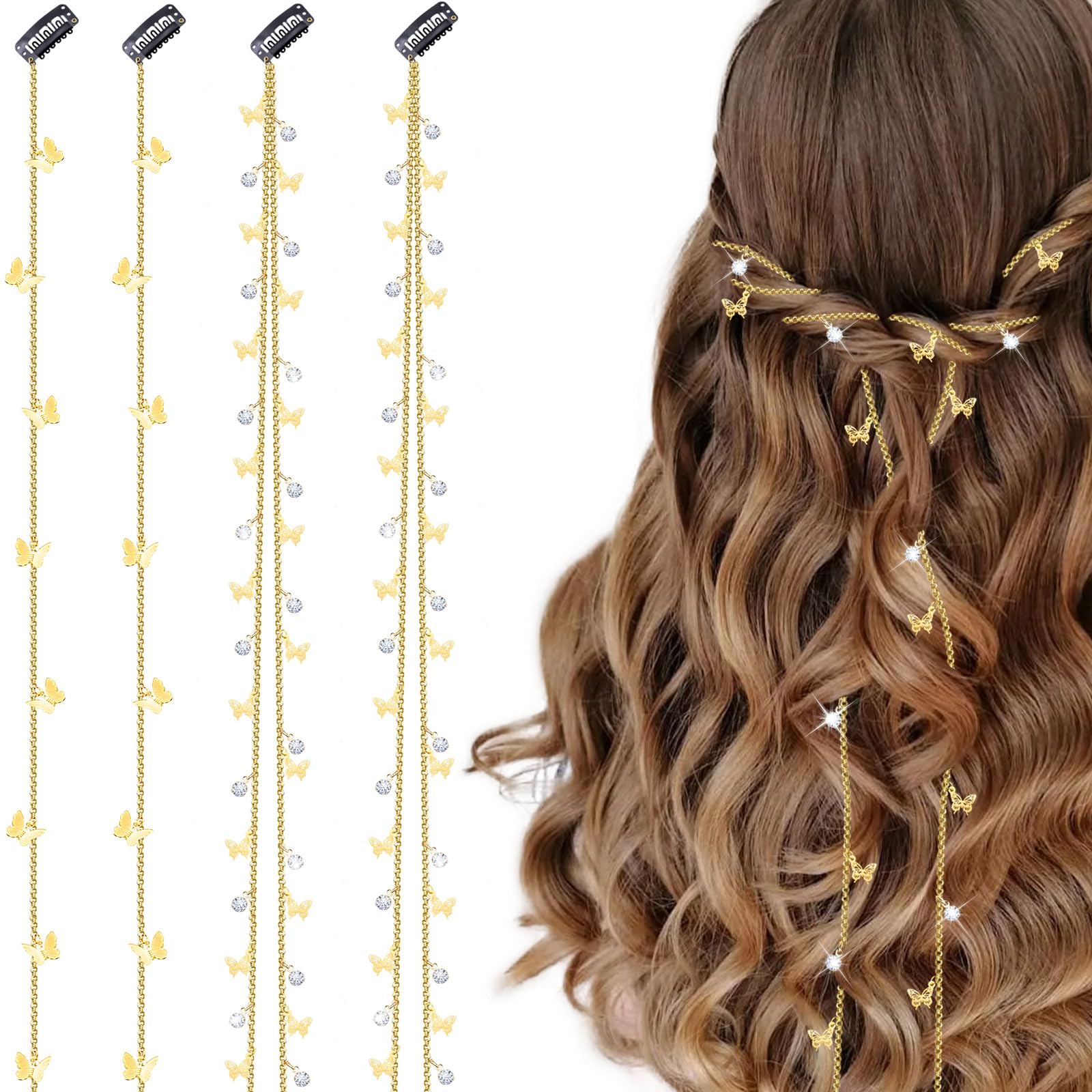 Dexspoeny 4pcs Butterflies Hair Braided Chain, Rhinestones Hair Jewelry, Butterflies Hair Clips, Tassel Hair Accessories for Gir