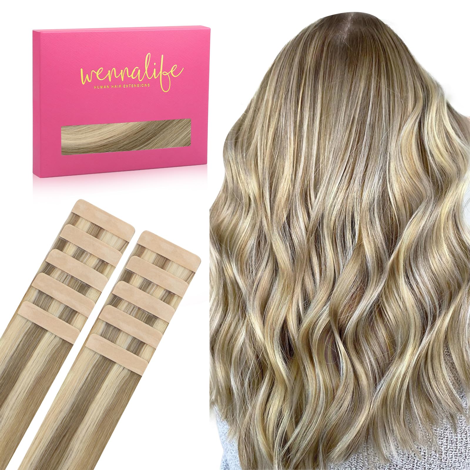Wennalife Tape In Hair Extensions Human Hair Ash Brown Highlighted Golden Blonde Tape In Extensions, 10Pcs 20G 12 Inch Remy Invi