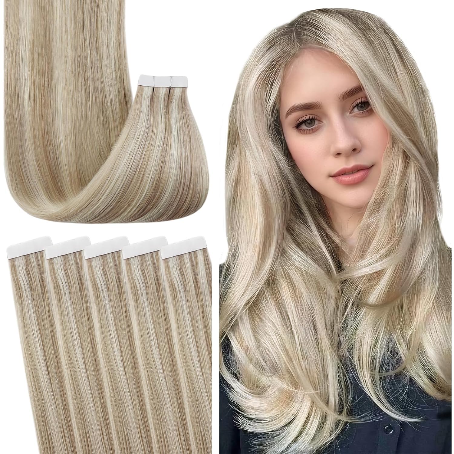 Fshine Ash Blonde Tape In Hair Extensions Highlighted With Bleach Blonde Natural Human Hair Tape In Extensions 18 Inch Blonde Ta