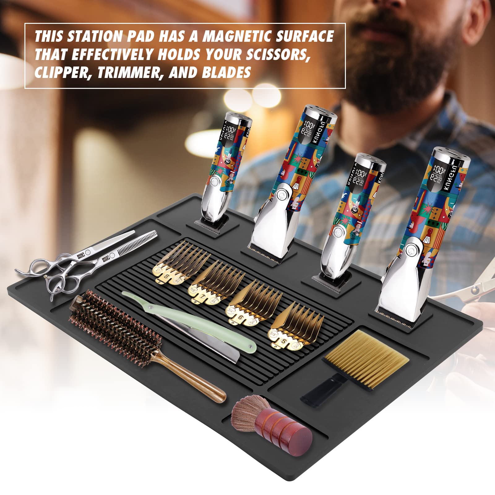 Moyretty Magnetic Barber Organizer Mat For Clippers(17.7'' X 11.8'') - Professional Anti-Slip Heat Resistant Silicone Pad With S