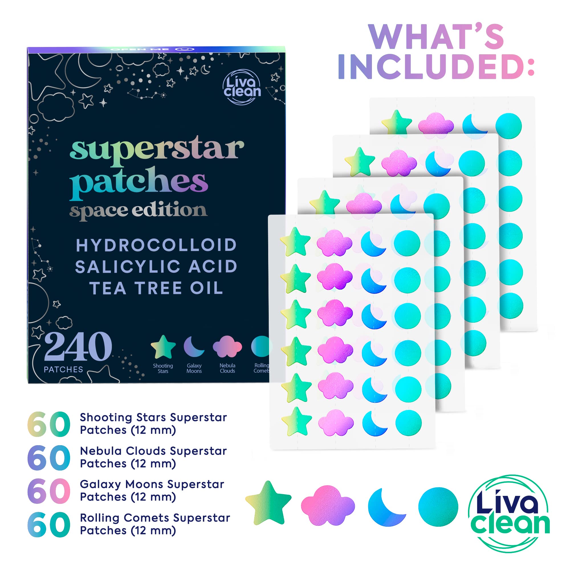 LivaClean 240 CT Holographic Cute Acne Patches - Space Edition w/Salicylic Acid & Tea Tree Oil for Face - Hydrocolloid Star Pimp